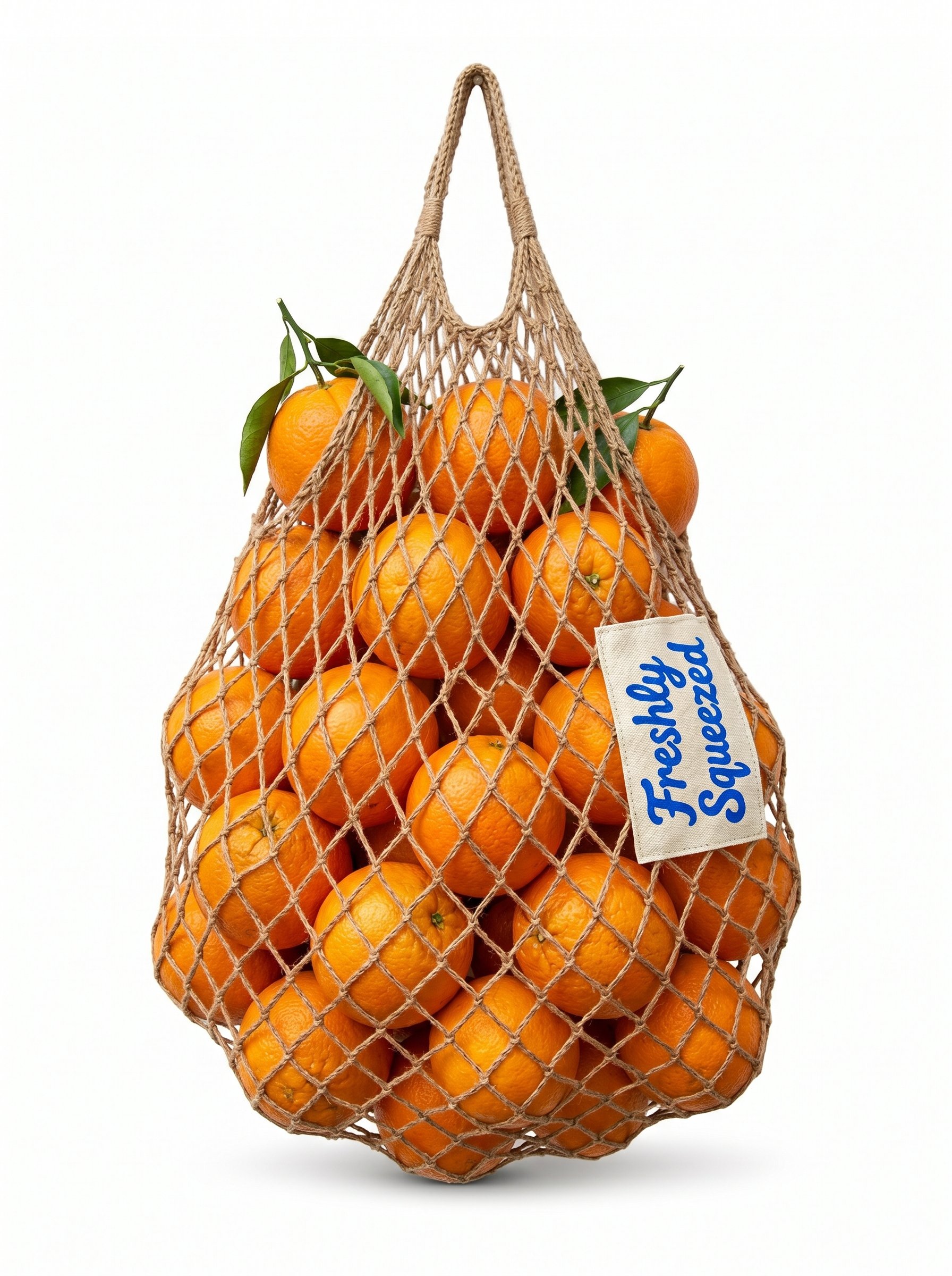 Mesh bag filled with fresh oranges with green leaves, and a tag that reads "Freshly Squished" against a plain white background.