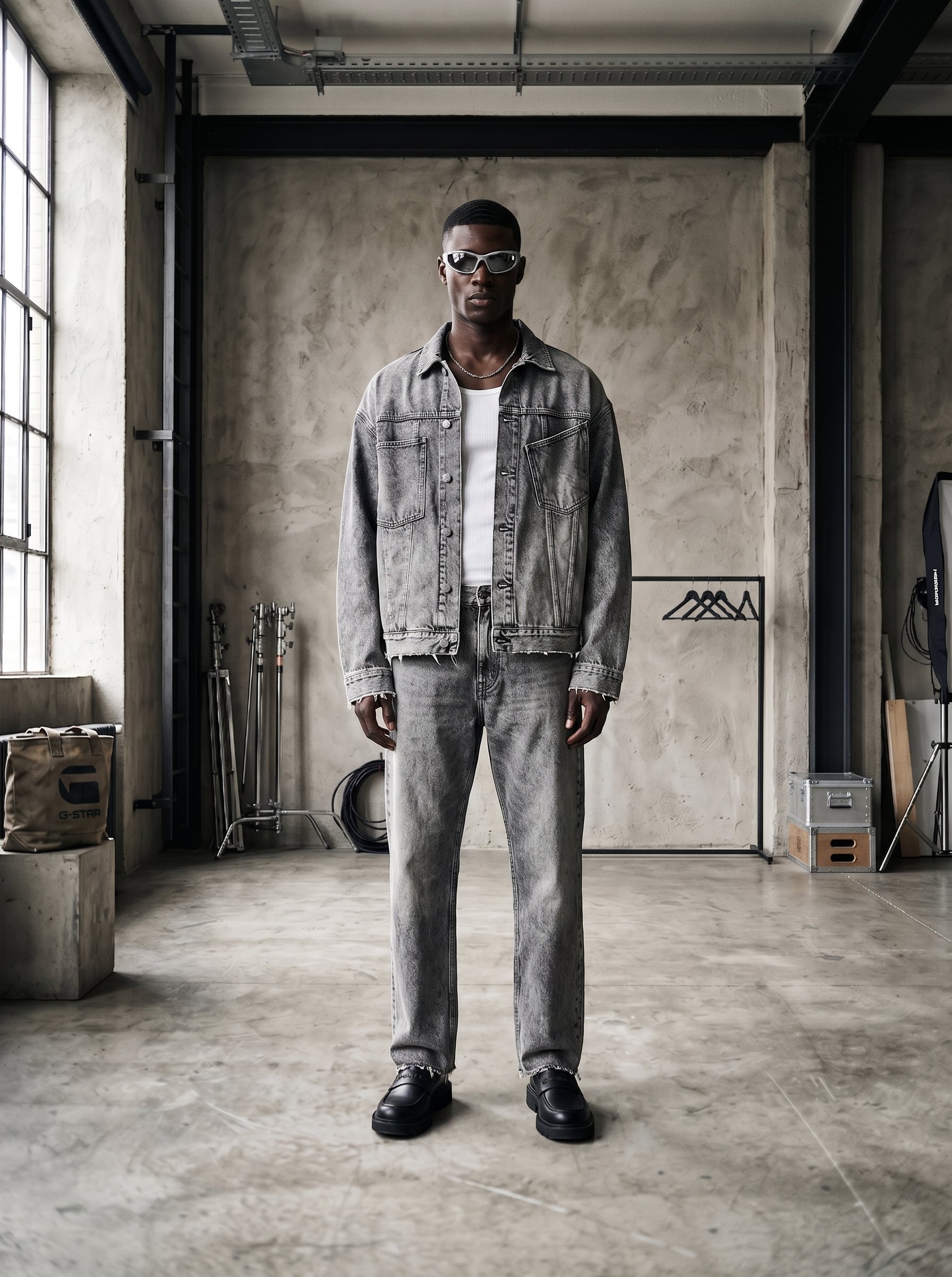 A young man with dark skin and a short haircut standing in a room with industrial decor, wearing a gray denim jacket, white shirt, gray jeans, black shoes, sunglasses, and a silver chain.