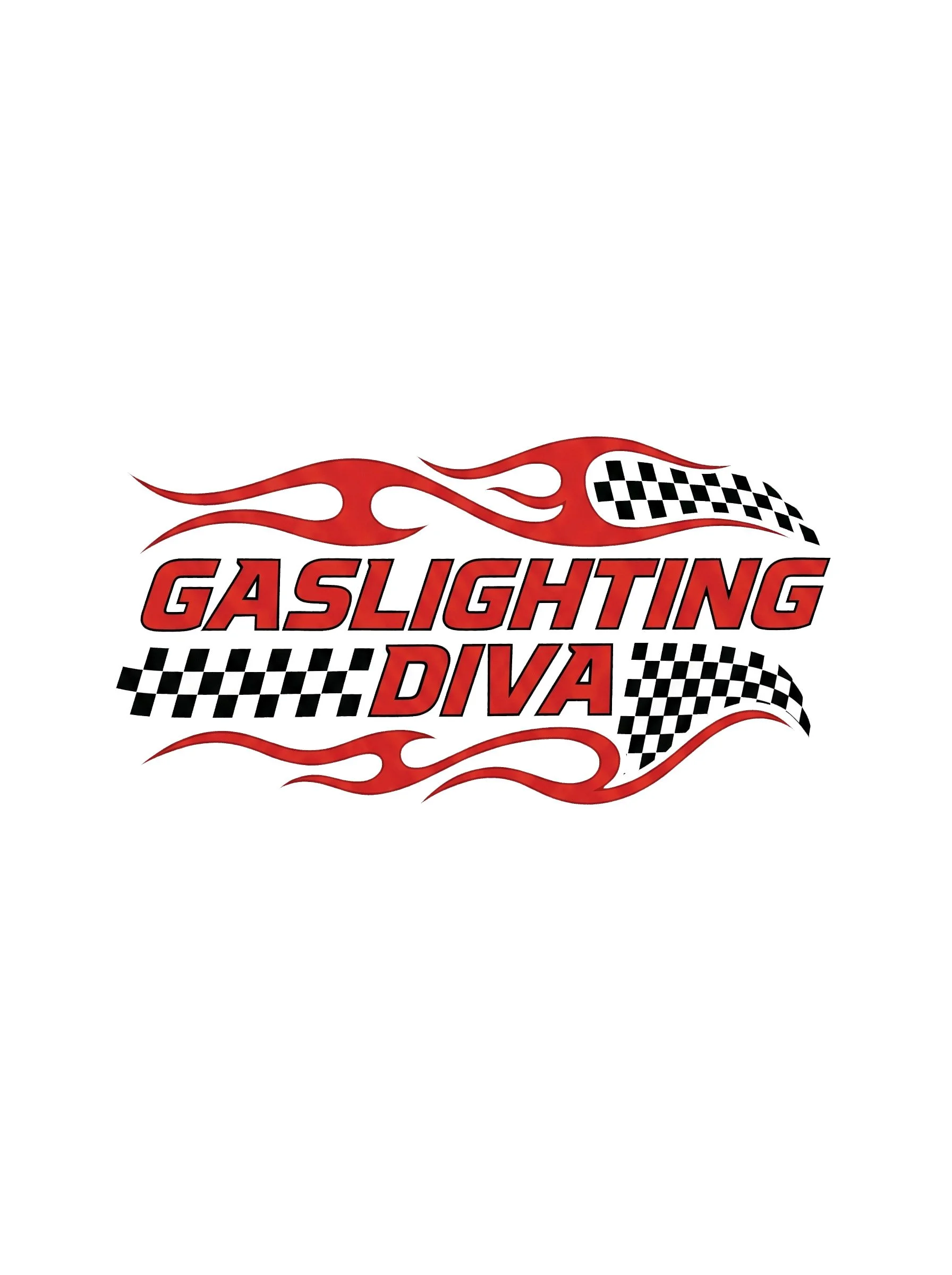 Logo of Gaslighting Diva with red flames and black and white checkered pattern.