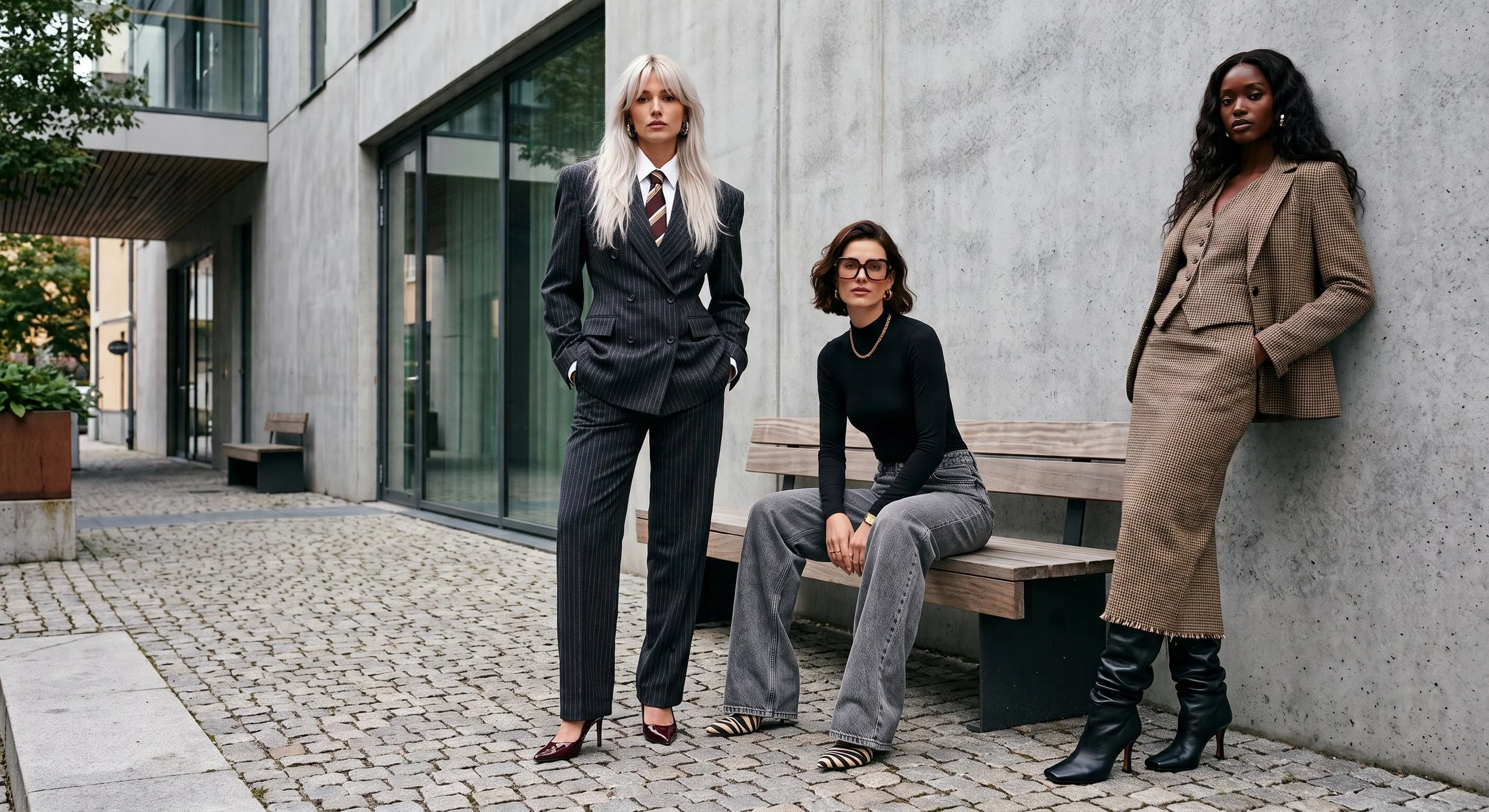 Three women in business attire posing outside near a modern building with concrete walls and large glass windows, one is standing, one is sitting on a bench, and one is leaning against the wall.