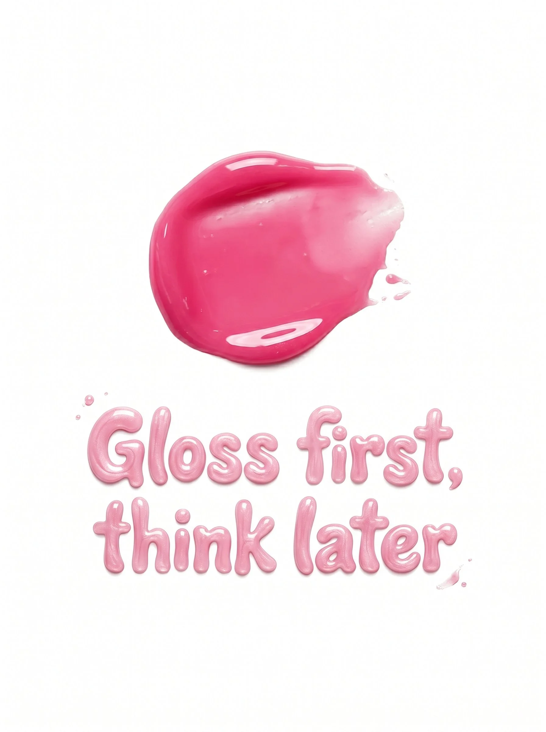 Pink paint swatch with the phrase "glass first, think later" written in pink, 3D-style, cursive letters.