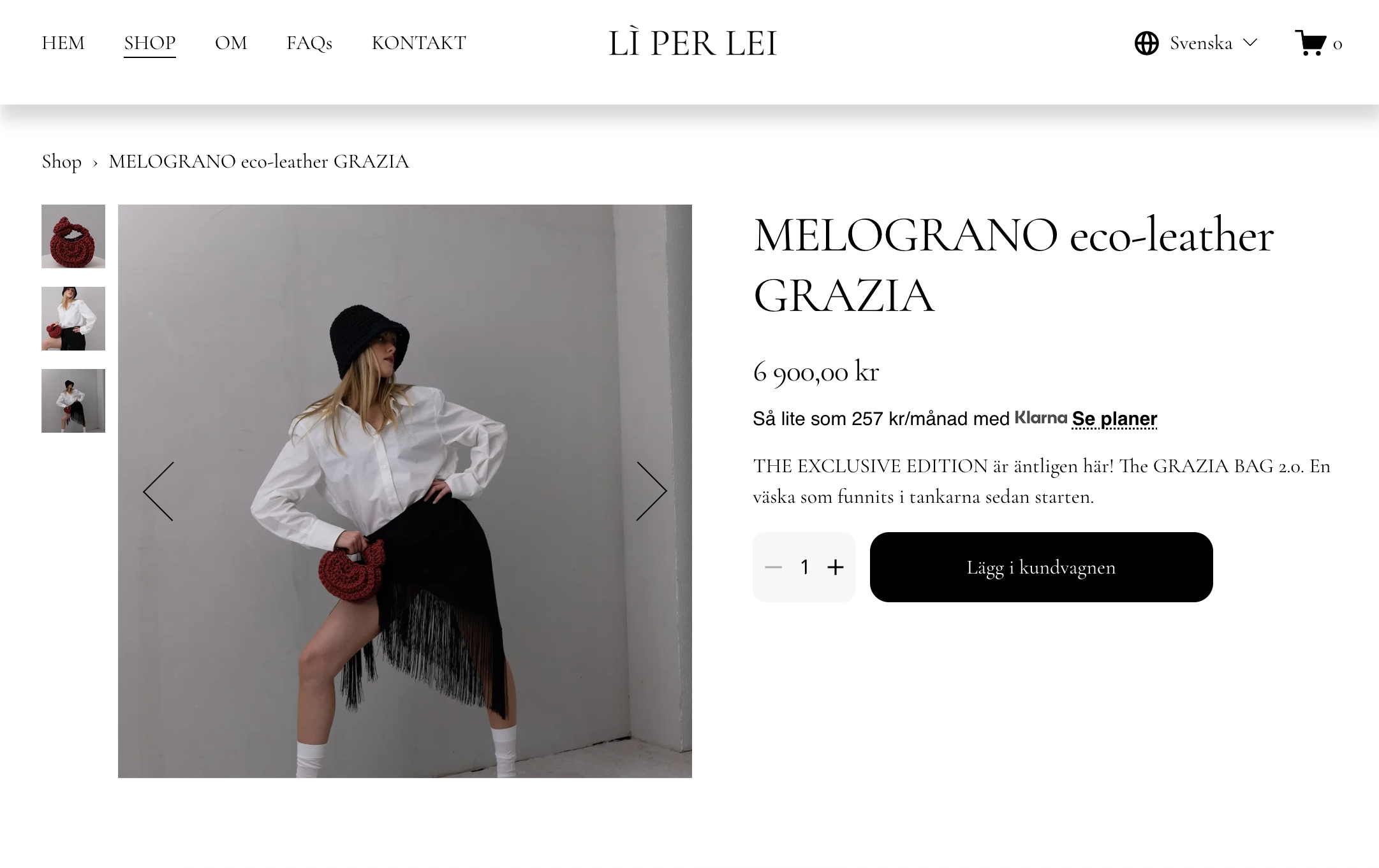 Webpage featuring a model wearing a white shirt, black skirt with fringe, a black beanie, and white socks, holding a red crochet bag, promoting an eco-leather handbag named Grazia priced at 6900 Swedish kronor.