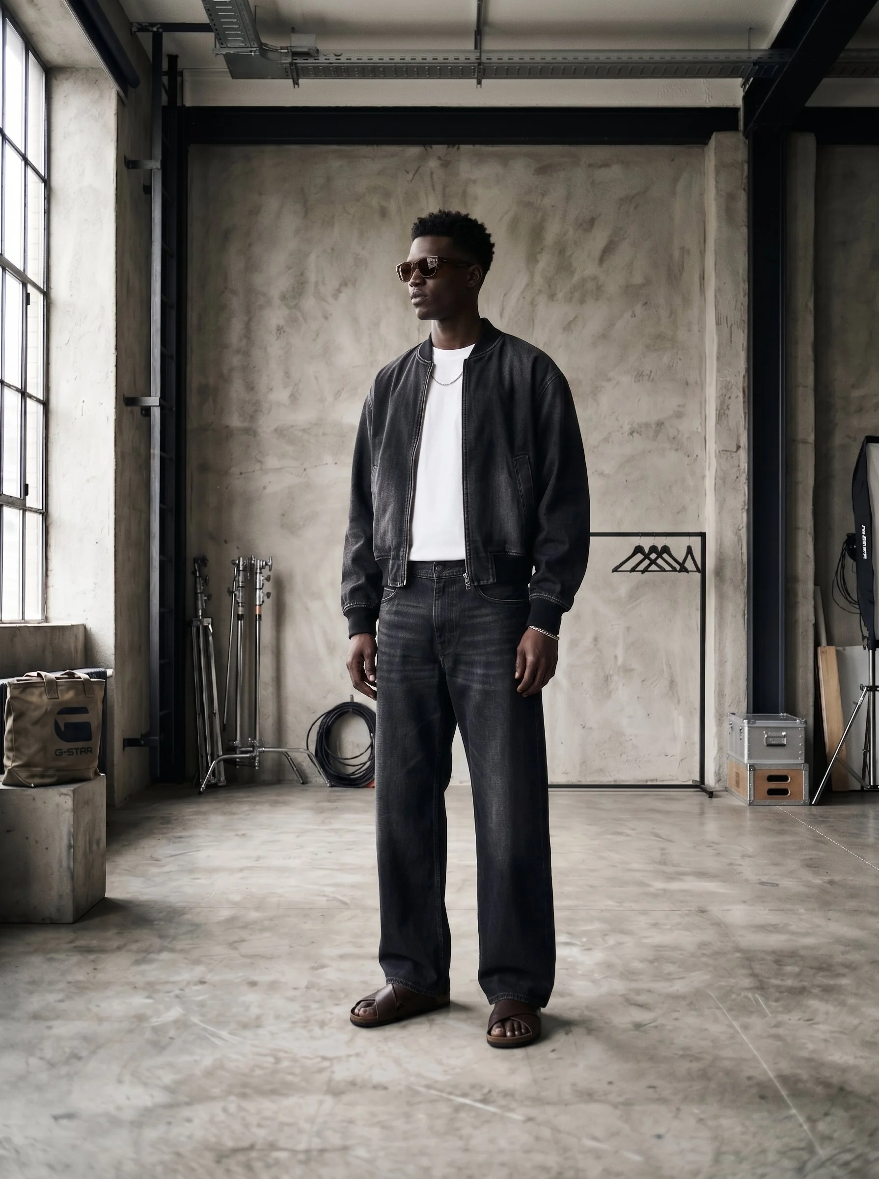 A young man standing in a modern industrial-style room with concrete walls and large windows. He is wearing sunglasses, a black leather jacket, a white T-shirt, wide-leg jeans, and brown sandals. There are some equipment and a clothing rack visible in the background.