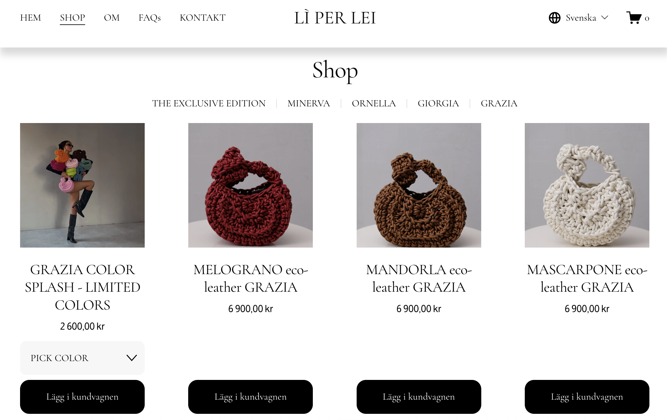 Screenshot of an online shop webpage for Li Per Lei featuring handbags made from eco-leather in various colors, with navigation options at the top, language selector, and cart icon.