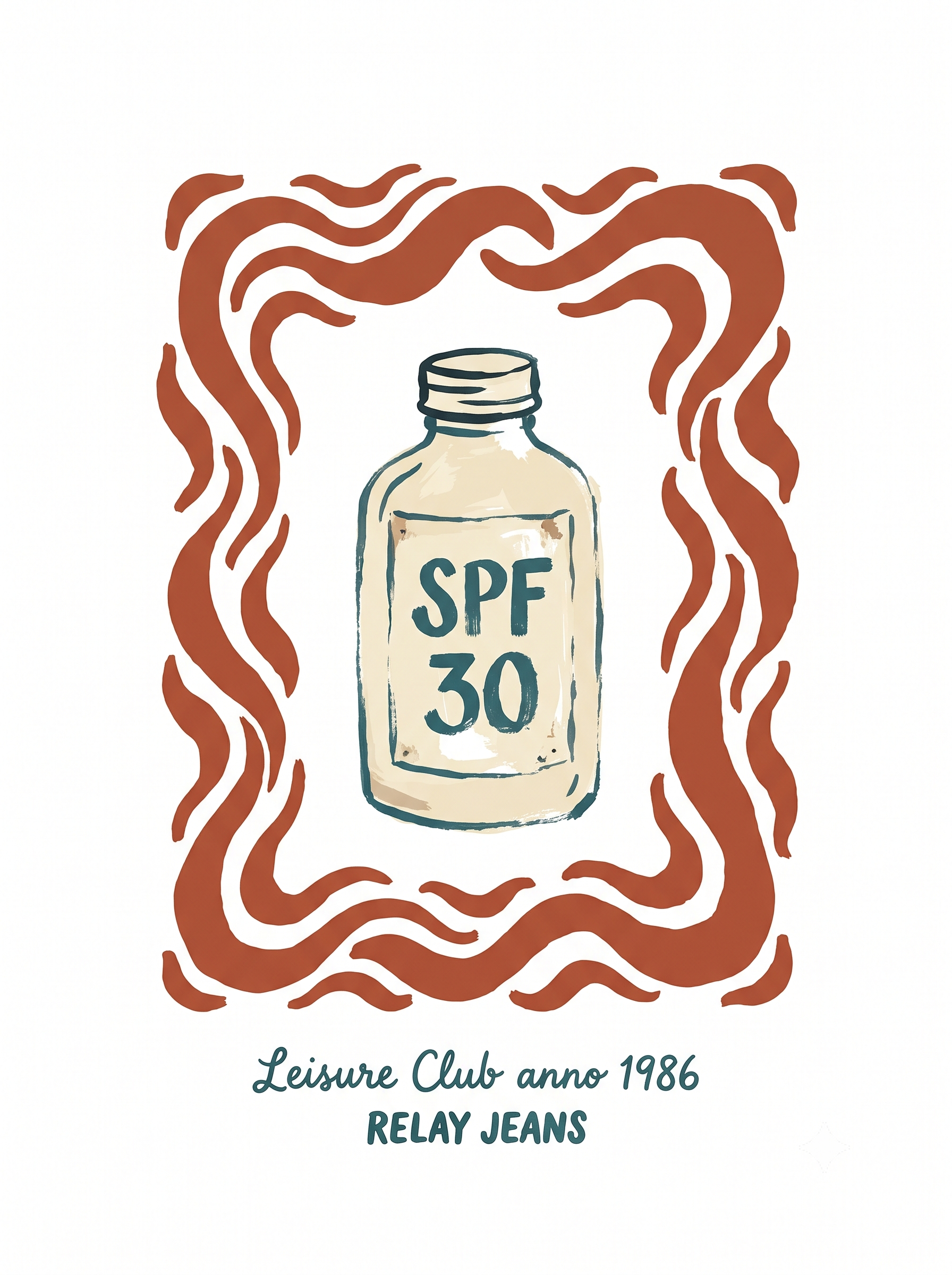 A graphic illustration of a bottle labeled 'SPF 30' surrounded by stylized reddish-brown wavy lines, and text below that reads 'Leisure Club anno 1986 RELAY JEANS'.