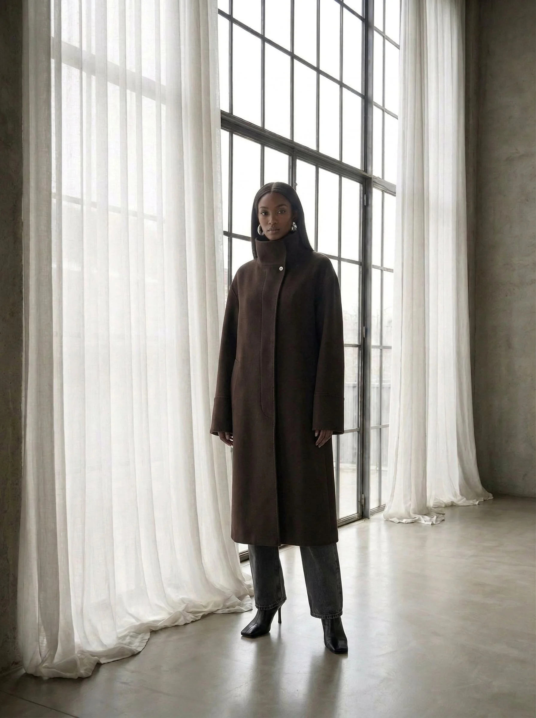 A woman stands in front of sheer white curtains next to large windows with black metal framing, wearing a long dark coat, high heels, and earrings.