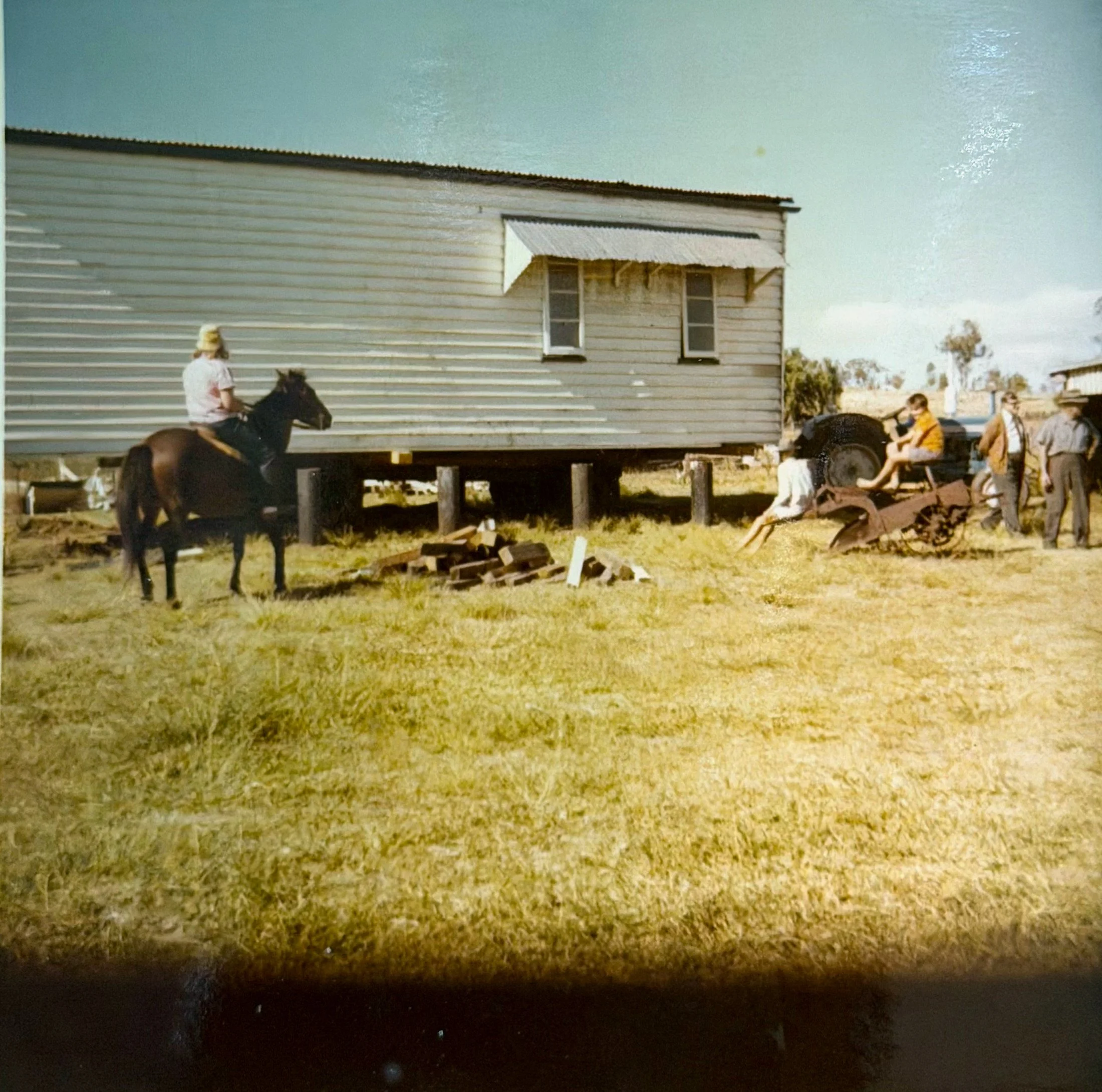 Image of a raised house with a corrugated roof, surrounded by people and horses, in an outdoor setting with a clear sky.