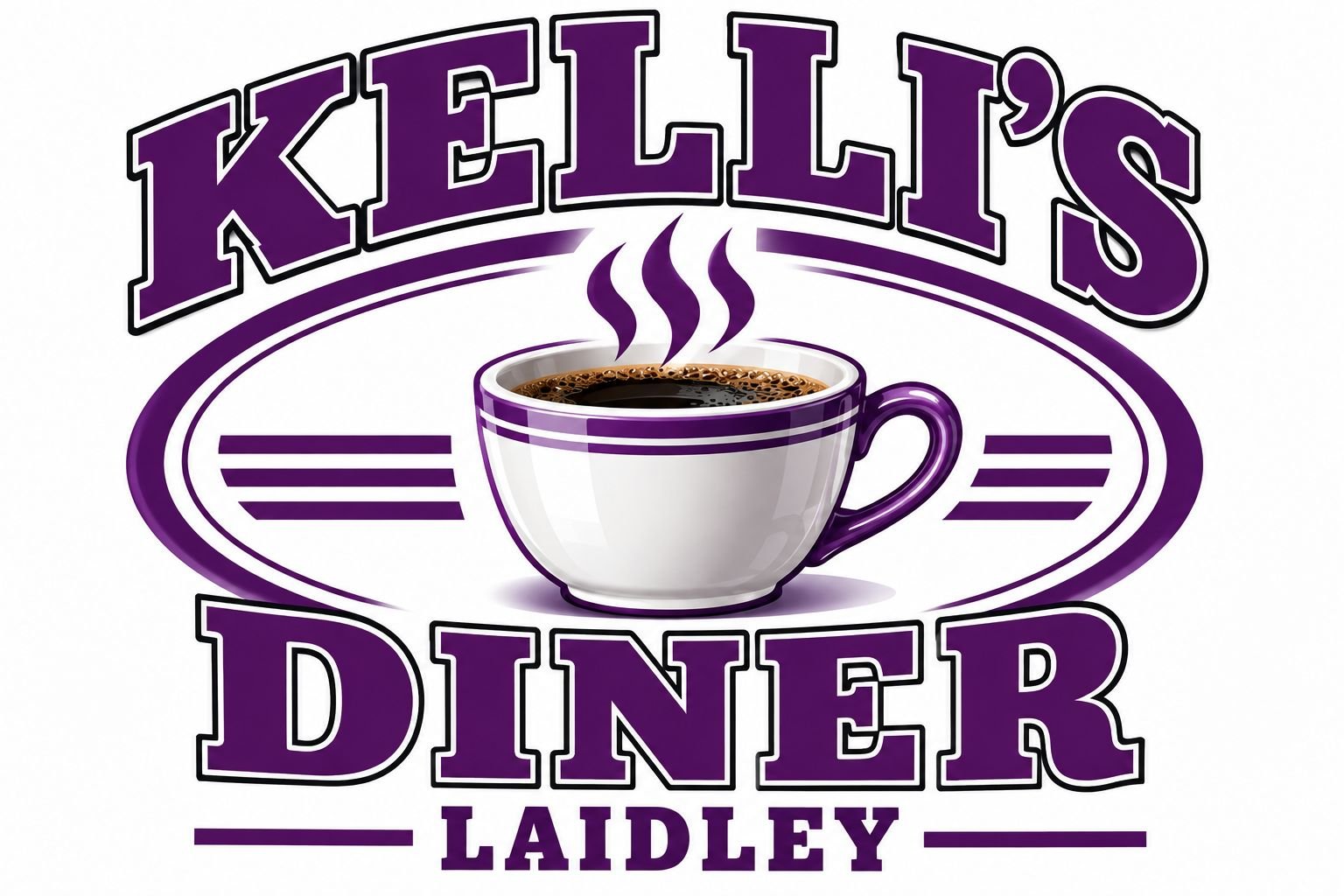 Logo for Kelli's Diner featuring a purple and white coffee cup filled with steaming coffee, with the name 'Kelli's Diner' in large purple letters above and below, and 'Laidley' in smaller letters underneath.