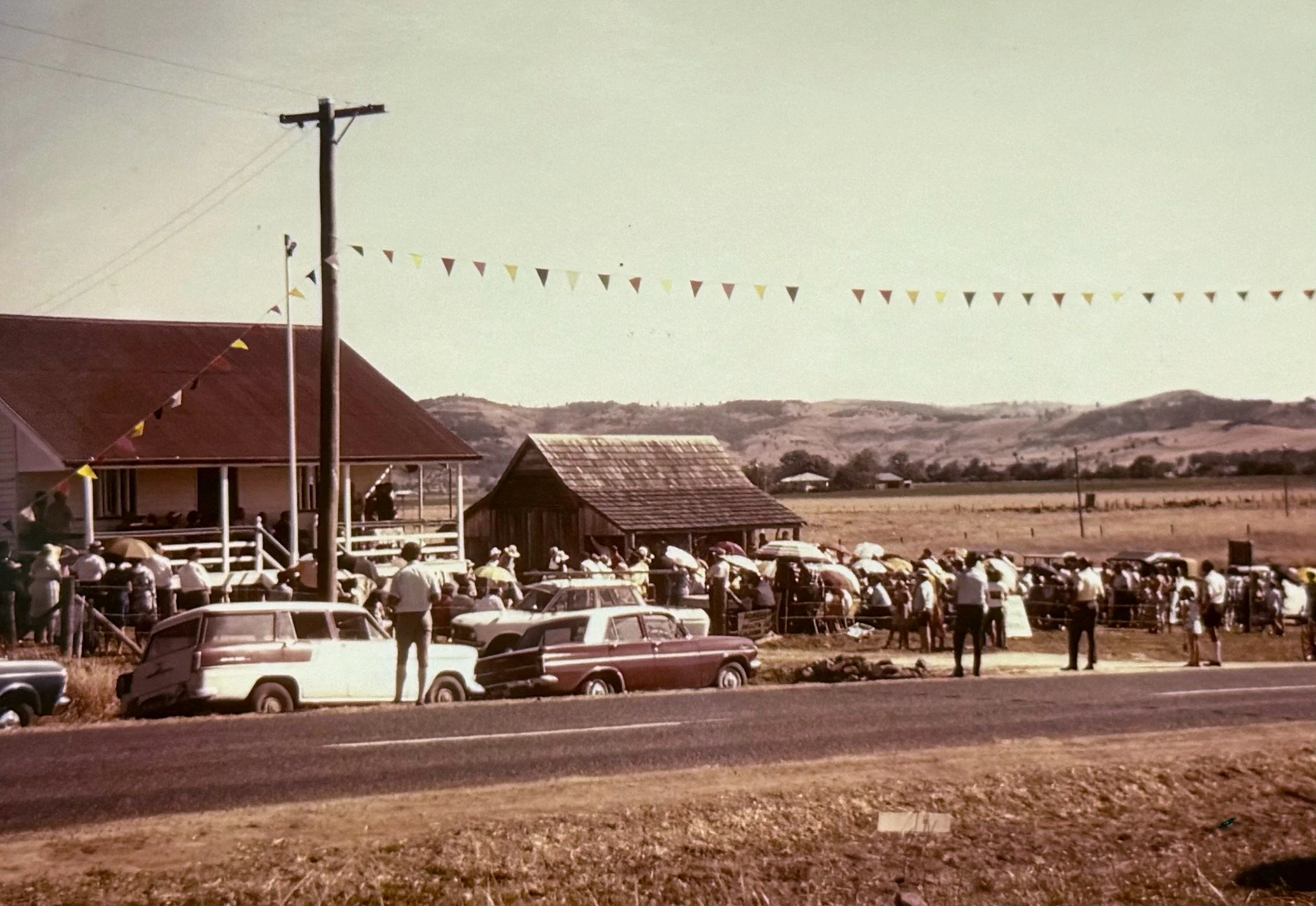 A busy outdoor scene with a crowd of people and parked cars. Bunting flags are strung across the sky, and there are buildings and a rural landscape in the background.