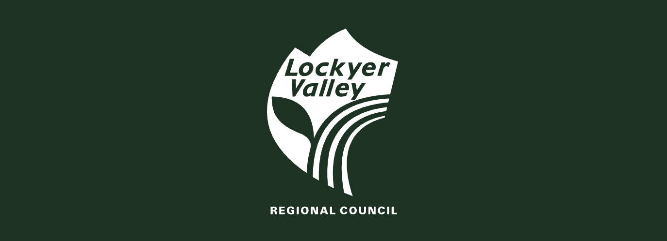 Logo of Lockyer Valley Regional Council, with a stylized leaf and curling lines on a dark green background.