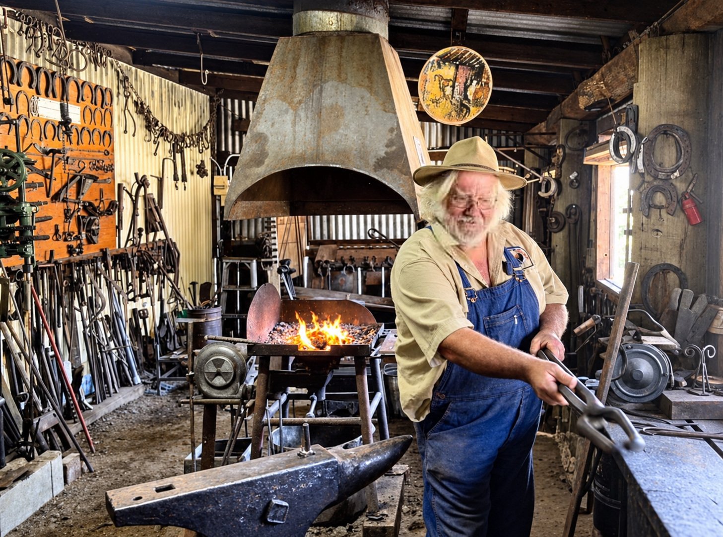 An elderly man with white hair, beard, glasses, wearing a tan shirt, blue overalls, and a tan hat, stands in a blacksmith's workshop, holding tongs near a fire on an anvil. The workshop is filled with blacksmith tools, horseshoes, and equipment hanging on the walls, with a large forge burning in the background.