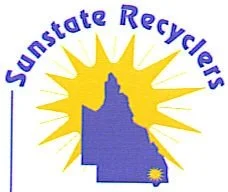 Logo of Sunset Recyclers with a yellow sunburst and a blue silhouette of California.