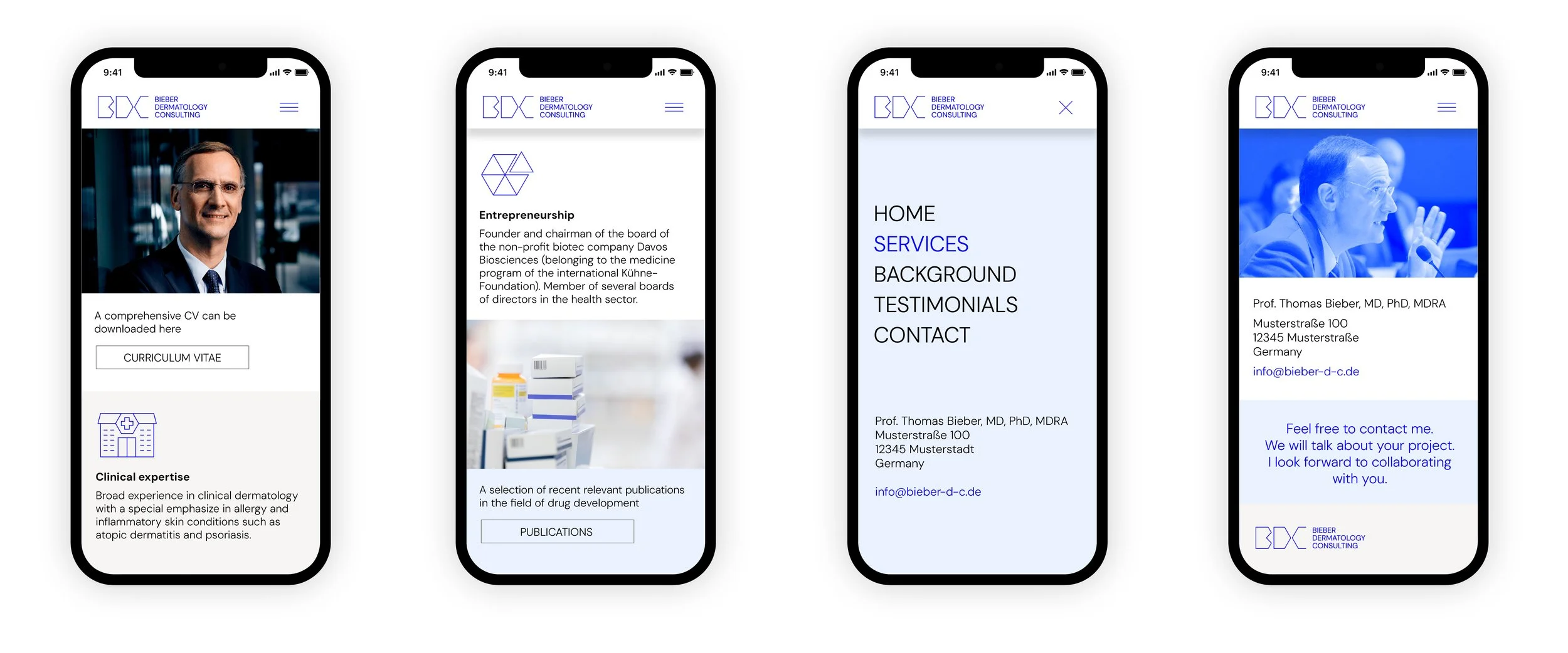 Vier Smartphone-Displays zeigen eine Webseite für einen Dermatologieberater namens Prof. Thomas Bieber, inklusive Profilbild, Lebenslauf, Dienstleistungen, Kontaktinformationen und Impressum. Das Design ist modern mit blauer Akzentfarbe und minimalistischer Formatierung.