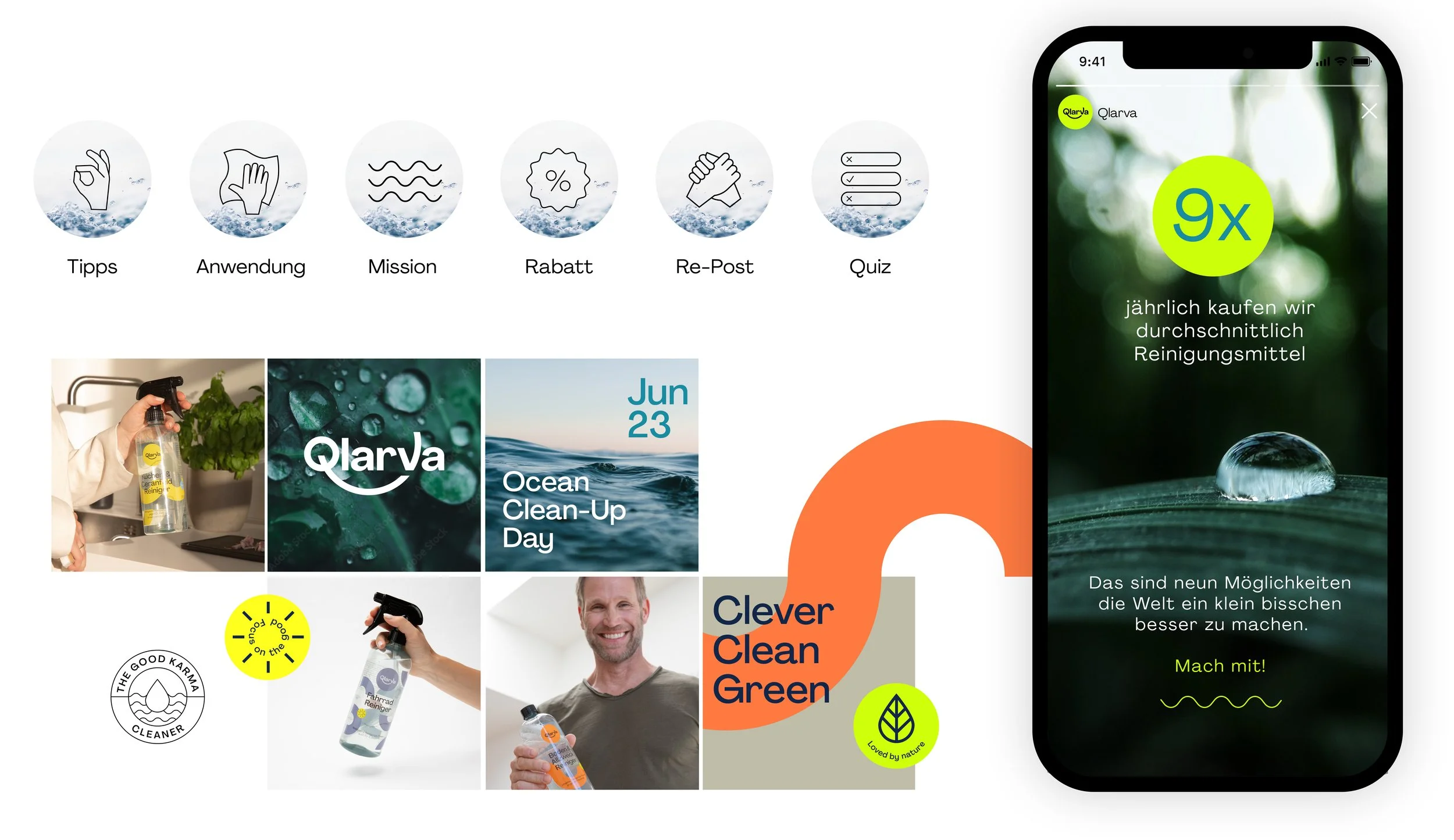 Ein Bildschirm zeigt eine App mit verschiedenen Optionen zum Umweltschutz, darunter Tipps, Anwendung, Mission, Rabatt, Re-Post, Quiz und eine Meldung, dass wir durchschnittlich neun Reinigungsmittel pro Jahr kaufen. Es gibt Bilder von Personen, die Reinigungsmittel verwenden, sowie Logos und Hinweise auf Umweltbewusstsein.