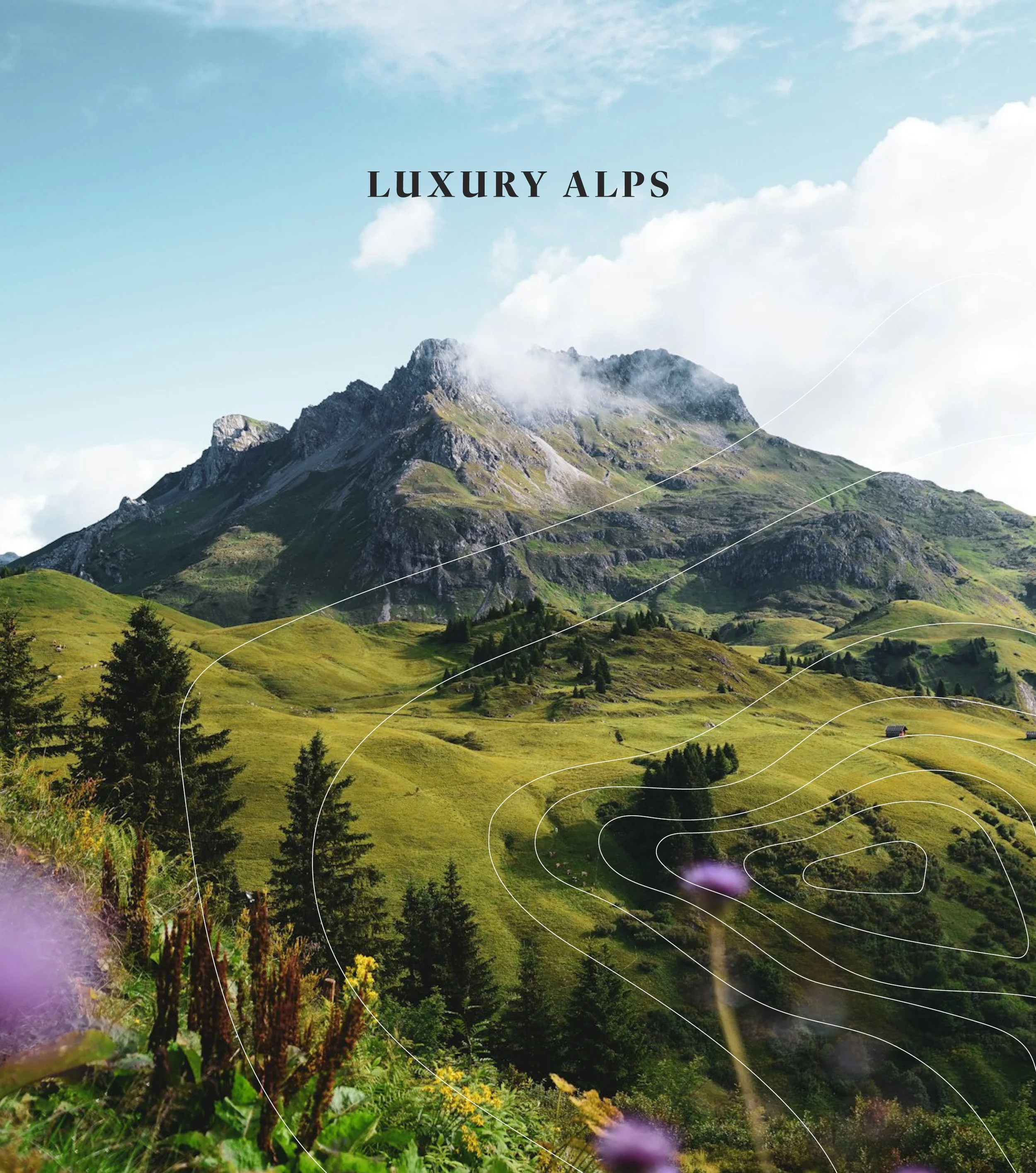 Berglandschaft in den Alpen mit grünen Wiesen, Bäumen, hohen felsigen Bergen und einem blauen Himmel mit Wolken.