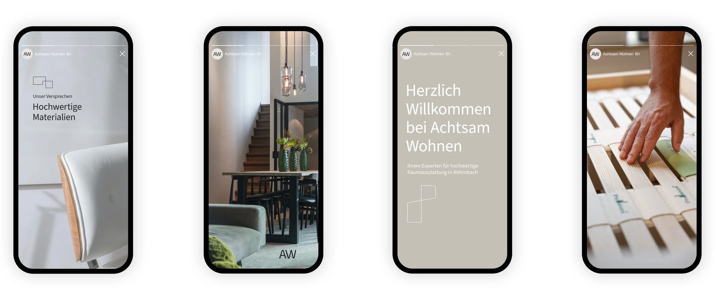 Screenshots einer Instagram-Story mit fünf Bildern. Das erste zeigt einen weißen Stuhl, das zweite eine Treppe mit Beleuchtung und Dekoration, das dritte einen Willkommenstext für Achtsam Wohnen, das vierte eine Hand, die einen Fußbodenbelag verarbeitet, und das fünfte zeigt einen Holzboden mit einer Hand, die Fliesen befestigt.