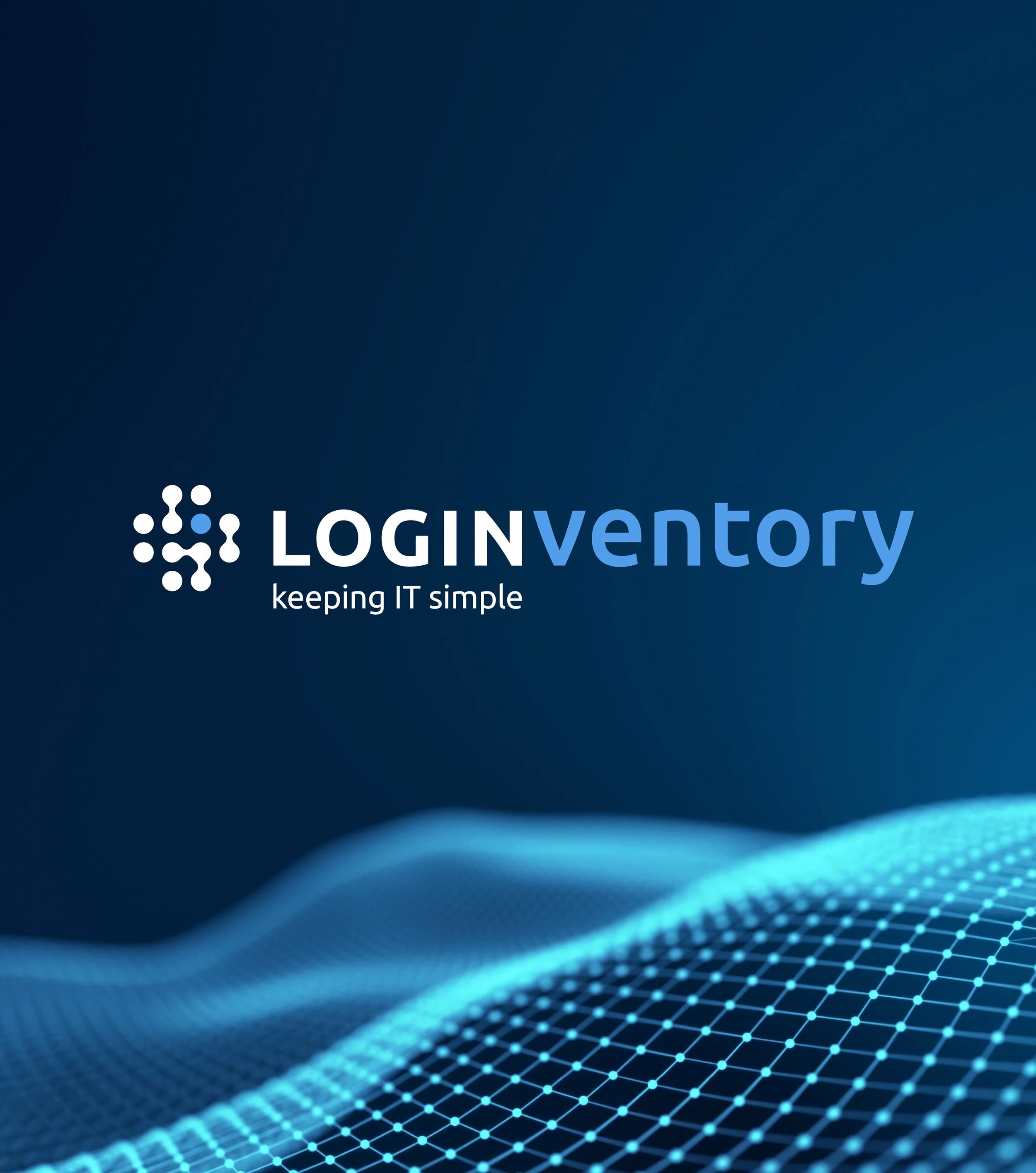 Digitales Blue- und Cyan-Finish mit Ethernet-ähnlichem Grid und LogInVentry-Logo mit dem Slogan "keeping IT simple".