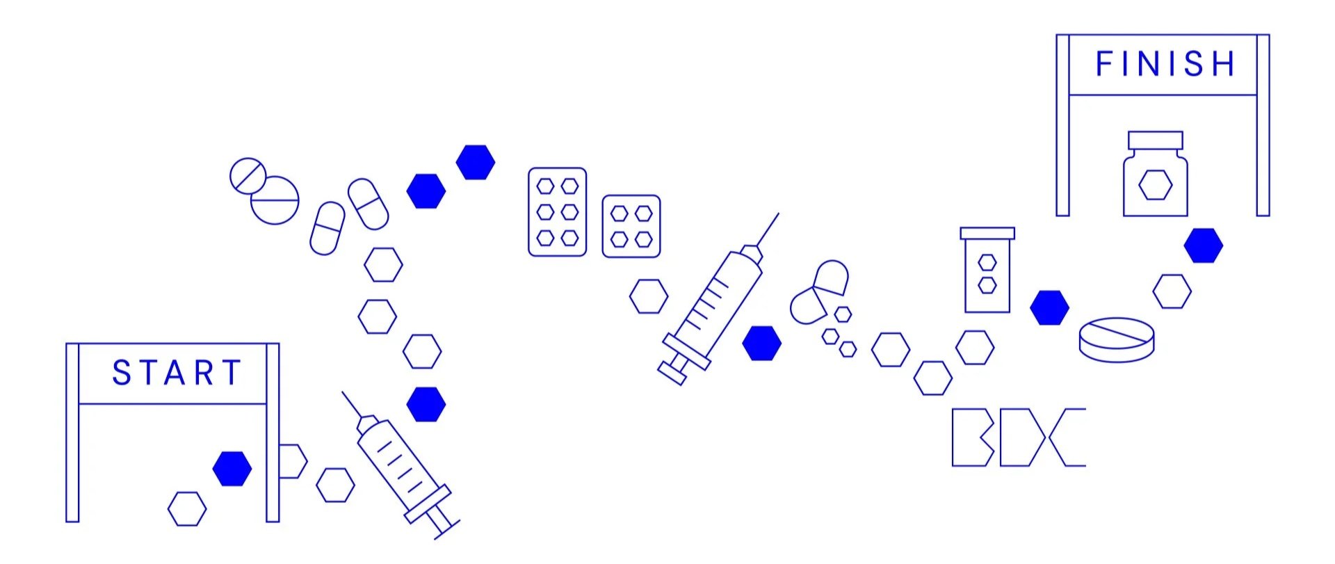 Ein schematisches Spielbrett mit Start- und Zielmarkierungen, Medikamenten- und Pillen-Symbolen, sowie Spritzen und Medikamentenbehältern, das vermutlich eine medizinische oder pharmazeutische Thematik darstellt