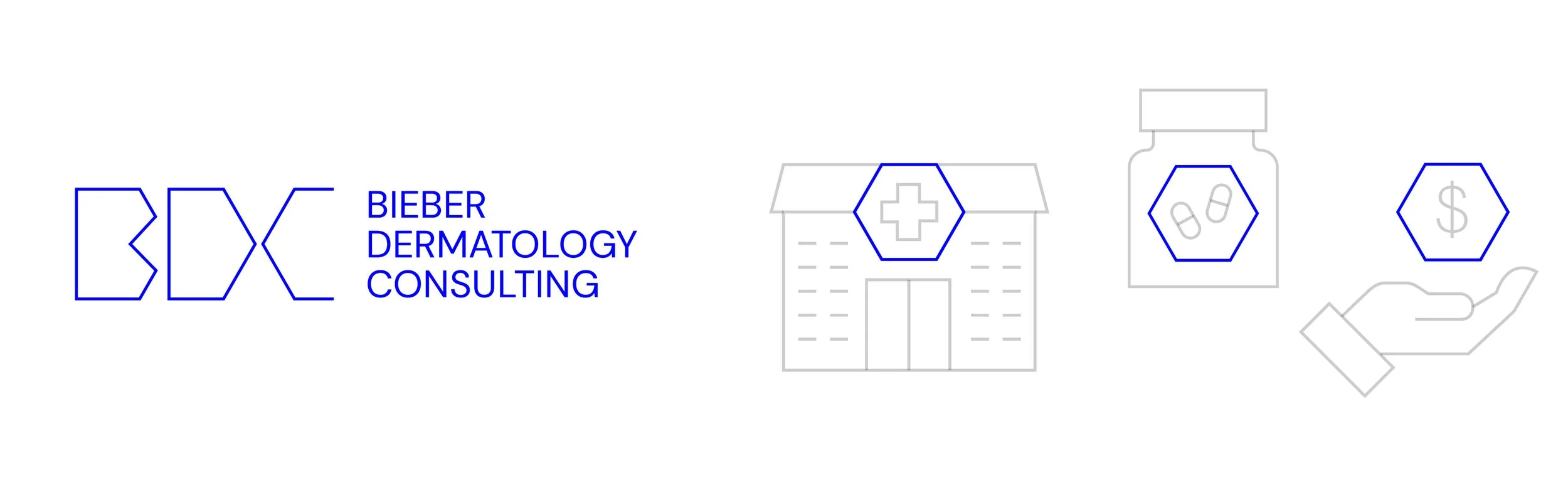 Grafik mit Logo von Biebert Dermatology Consulting, einem Klinikeingang, Pillen in einer Dose, einer Hand, die eine Dose hält, und einem Dollarzeichen, alles in blauen Outline mit einem medizinischen und pharmazeutischen Thema.