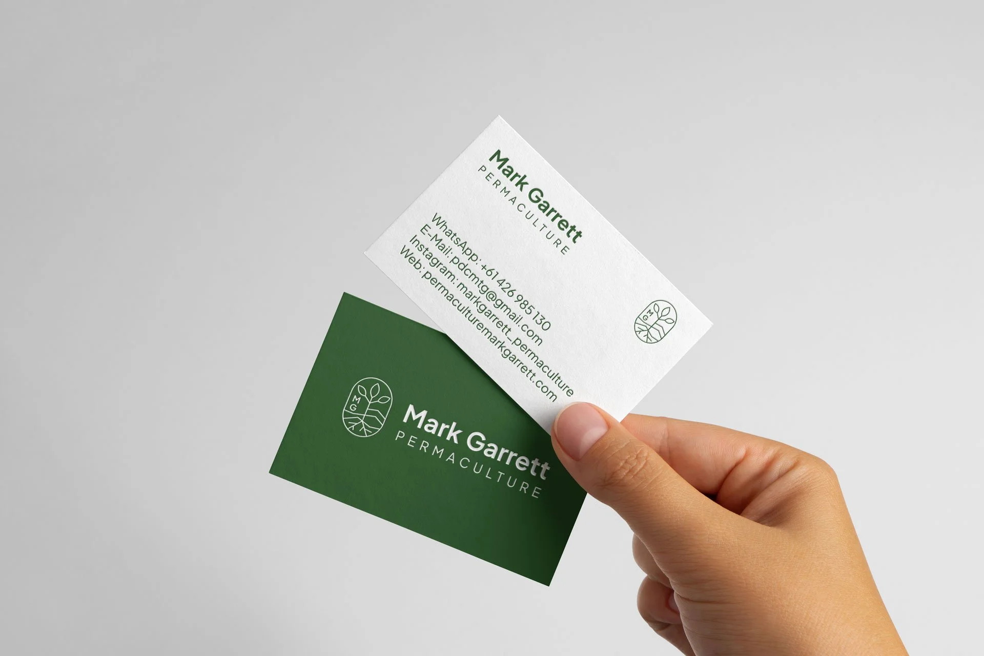 Eine Hand hält zwei Visitenkarten, eine weiße mit grüner Schrift und eine grüne mit weißer Schrift. Die Karte trägt den Namen 'Mark Garrett', die Berufsbezeichnung 'Permaculture', sowie Kontaktinformationen.