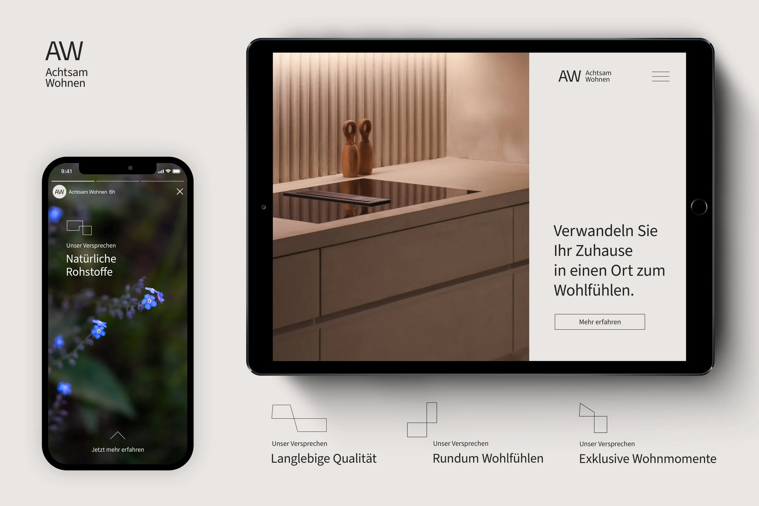 Smartphone- und Tablet-Bildschirm zeigen Werbung für Innenarchitektur und nachhaltiges Wohnen, mit Texten wie 'Verwandeln Sie Ihr Zuhause' und Bildern von Küchen und Dekorationen.