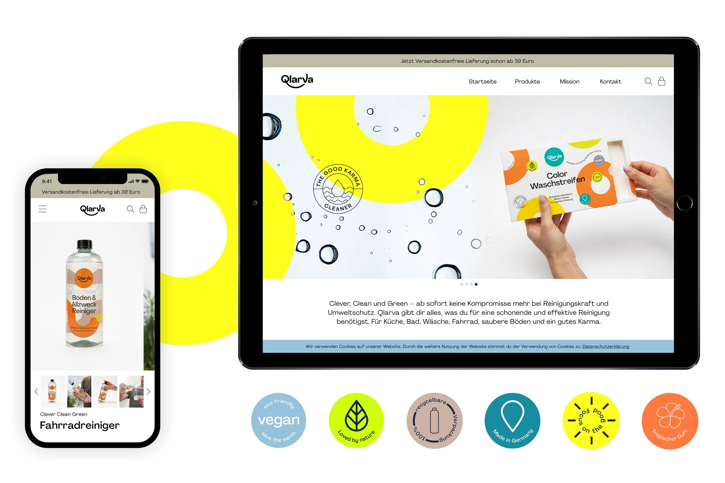 Screenshot der Webseite Qlarva mit umweltfreundlichen Reinigungsprodukten, angezeigt auf Smartphone und Tablet.