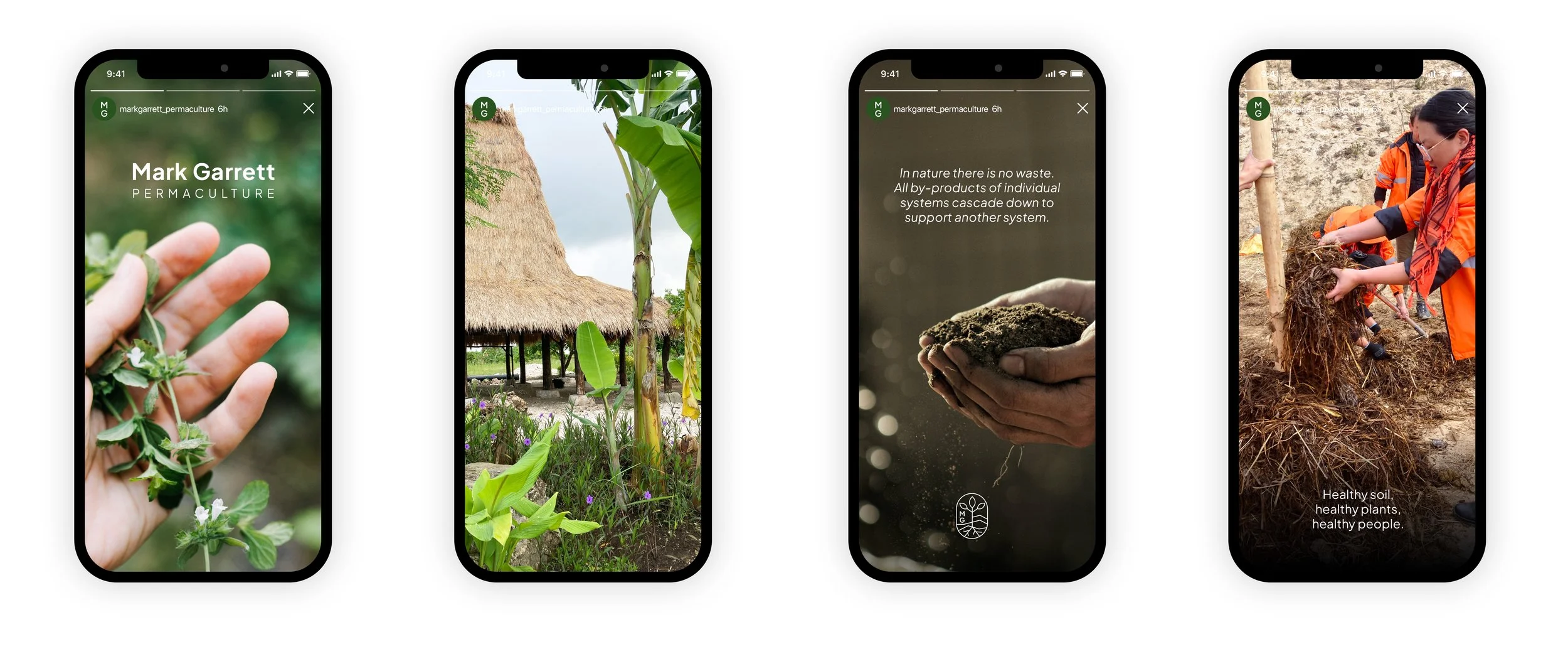 Vier Smartphone-Bildschirme zeigen Bilder zum Thema Permakultur. Der erste zeigt eine Hand, die eine kleine grüne Pflanze hält. Der zweite zeigt eine ländliche Szenerie mit Strohdachhäusern und Pflanzen. Der dritte zeigt eine Hand, die Erde hält, mit englischem Text über Abfall in der Natur. Der vierte zeigt Menschen, die in der Erde graben, mit dem Text: »Gesunder Boden, gesunde Pflanzen, gesunde Menschen.«