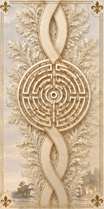 Ornate, circular golden labyrinth with intricate design, framed by decorative plant motifs and symmetrical patterns on an elegant wall background.