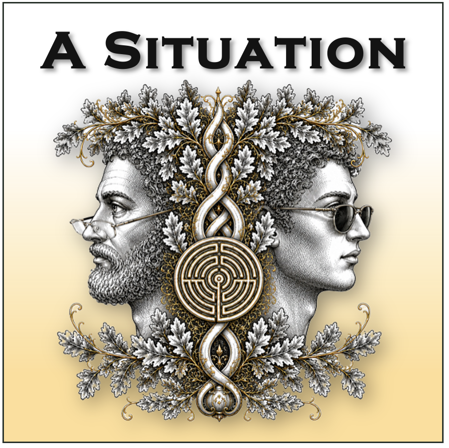 An illustration of two individuals' profiles, a bearded man and a woman with sunglasses, facing opposite directions. They are surrounded by intricate leaves and vines, with a labyrinth and a serpent intertwined in the center. The text at the top reads "A SITUATION".
