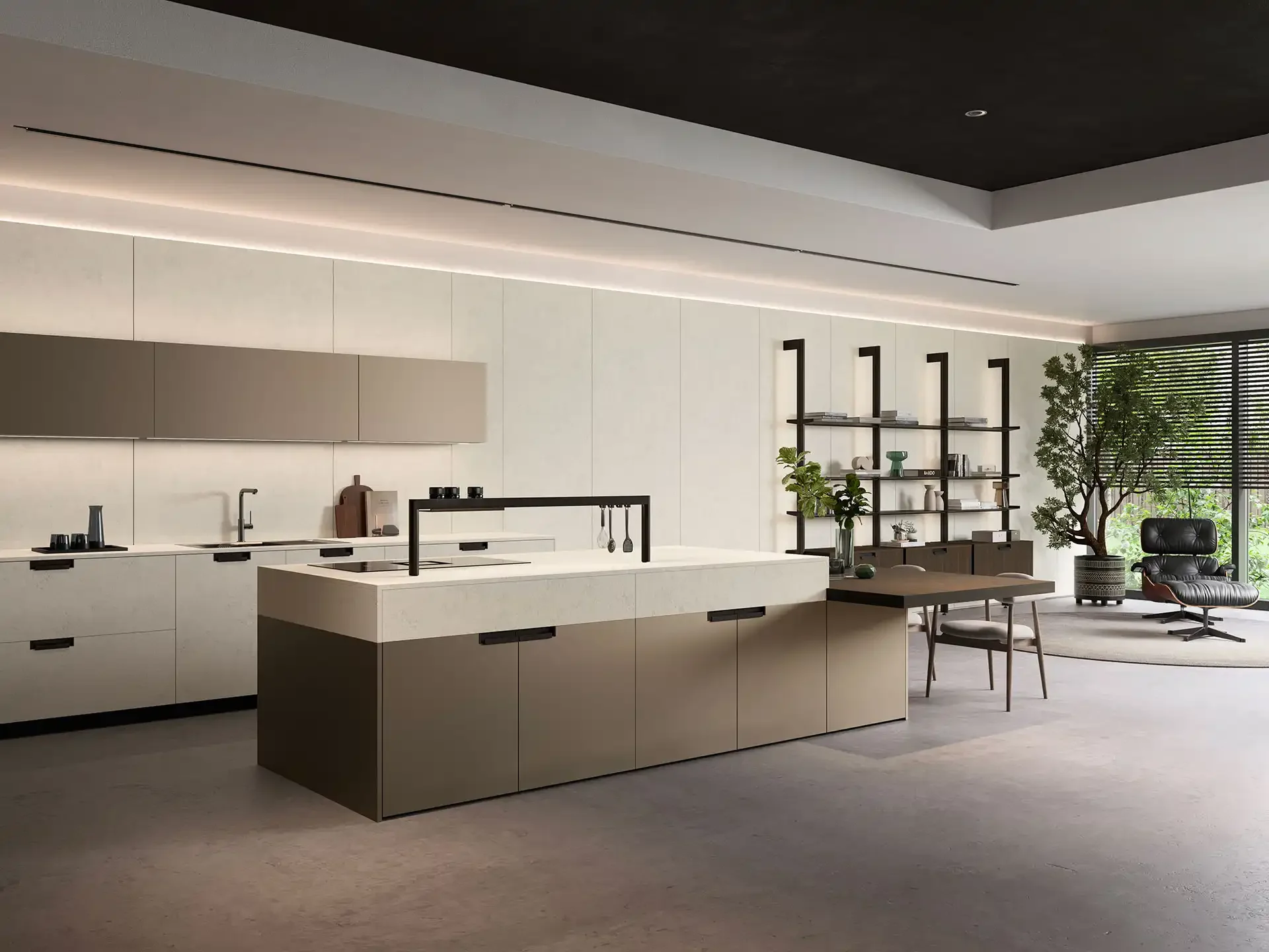 Modern open-plan kitchen and living room with white cabinets, island, black shelves, and large windows with blinds, featuring plants and a black lounge chair.