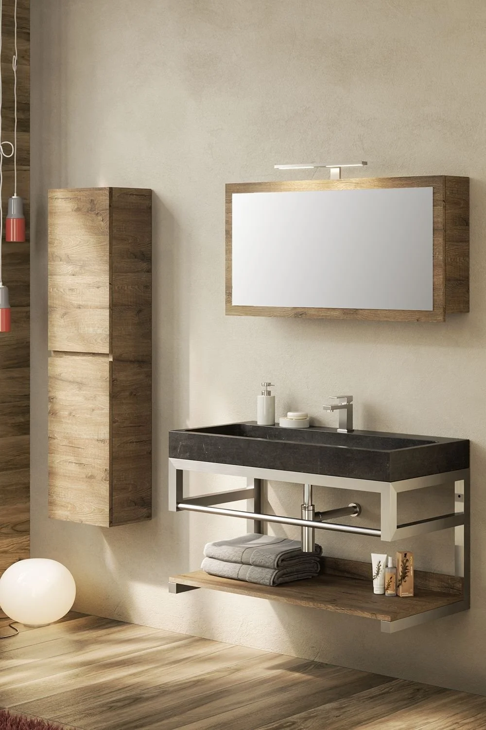Modern bathroom with wooden cabinet, mirror, black sink, and decorative items.