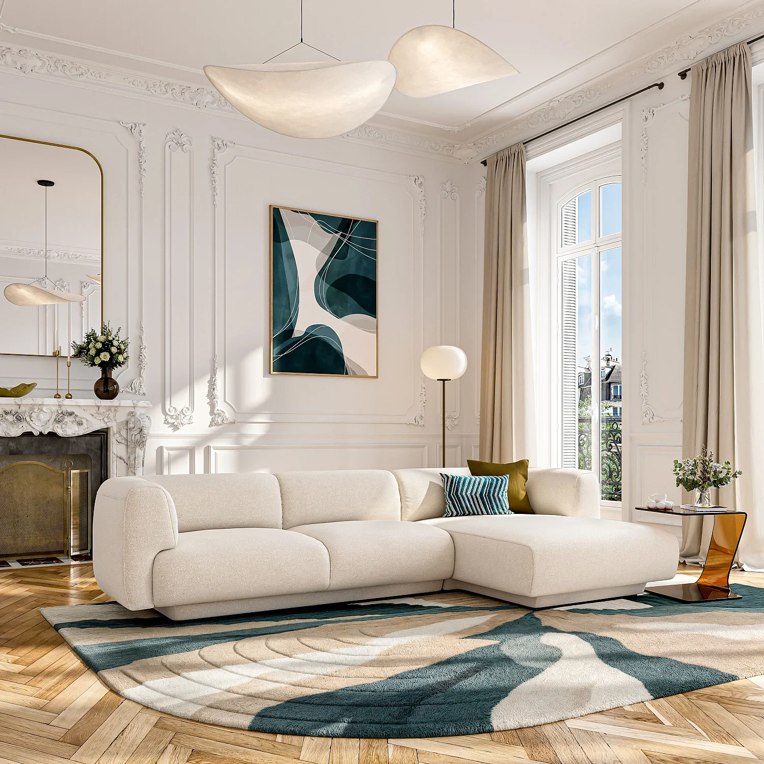 Bright living room with white walls, ornate molding, large window with curtains, a white sectional sofa, modern art on the wall, a marble fireplace, and a patterned rug.