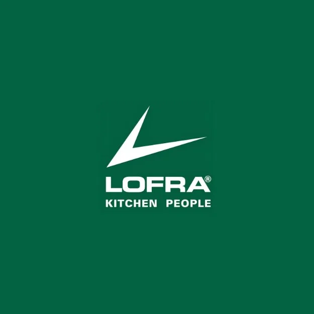 Green background with the Lofra logo, featuring a sharp, stylized checkmark or wing shape, and the words "LOFRA KITCHEN PEOPLE" underneath.