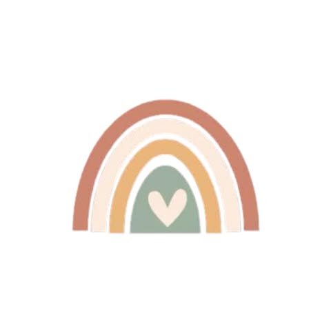 Simple illustration of a rainbow with four arches in shades of pink, beige, yellow, and gray, with a white heart in the center at the bottom.