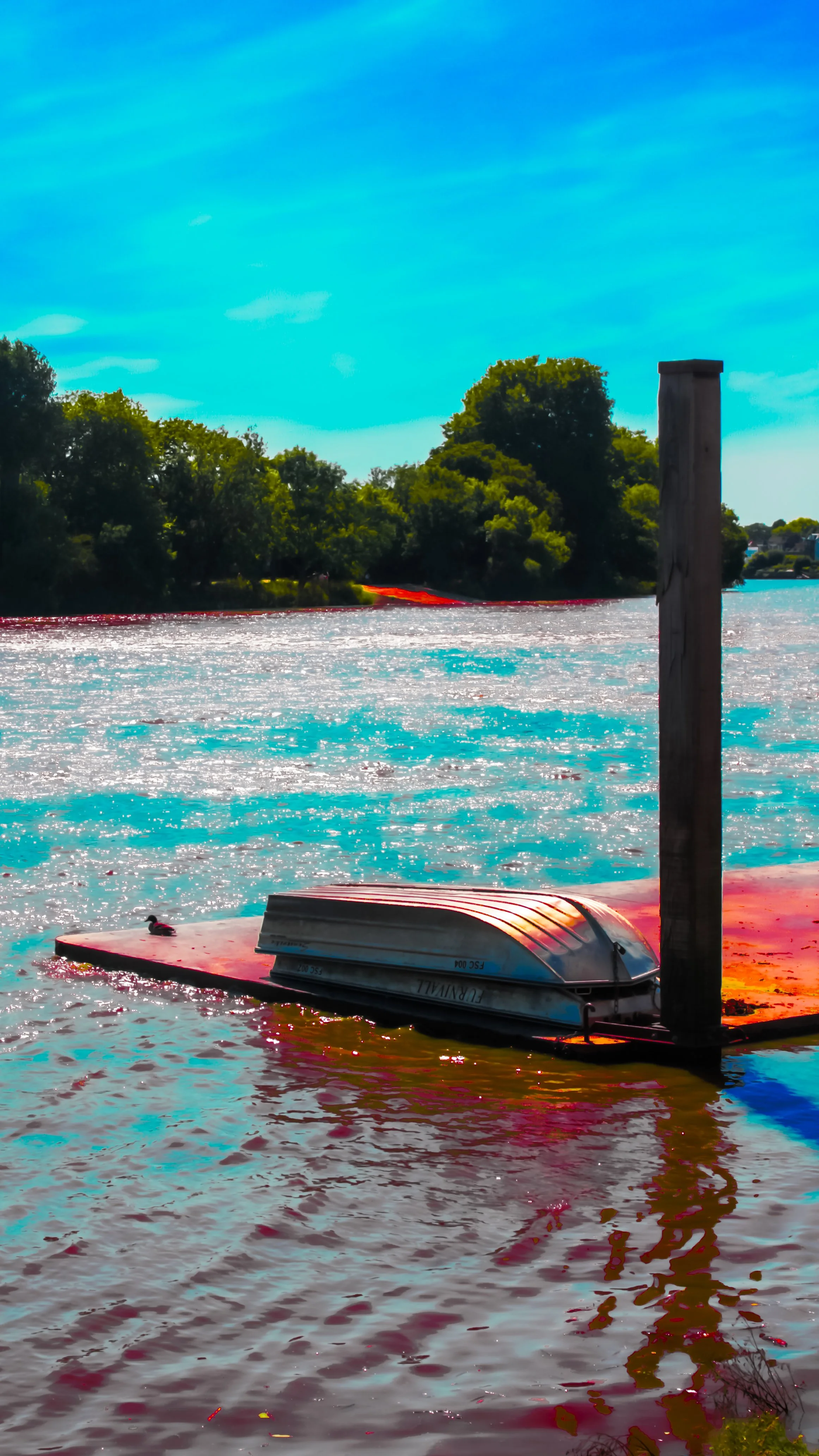 A docked boat by a post on a water body with lush green trees and blue sky in the background.
