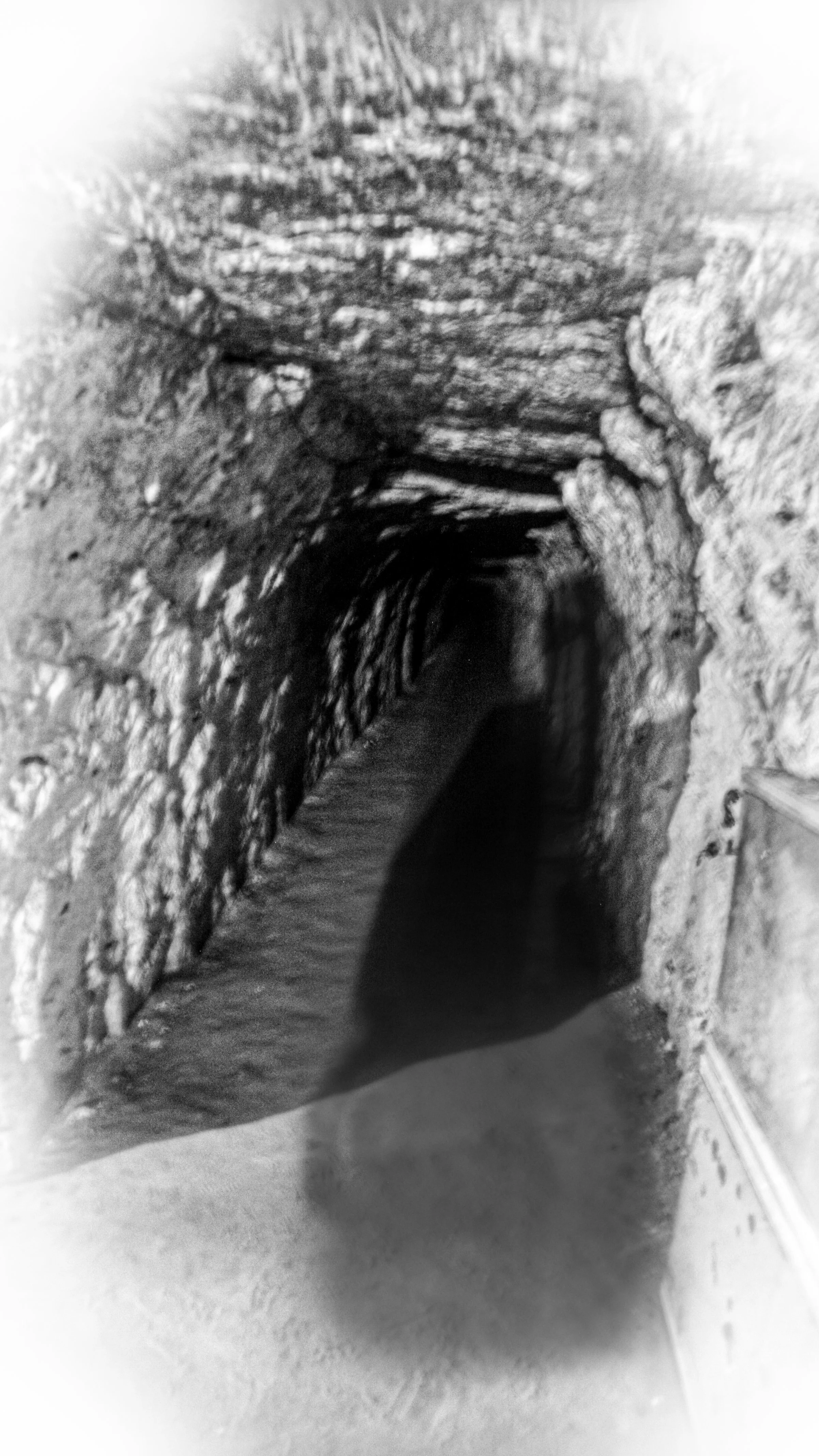A black and white photograph of a man standing near the entrance of a dark, curved tunnel or mine shaft built into a rocky hillside.