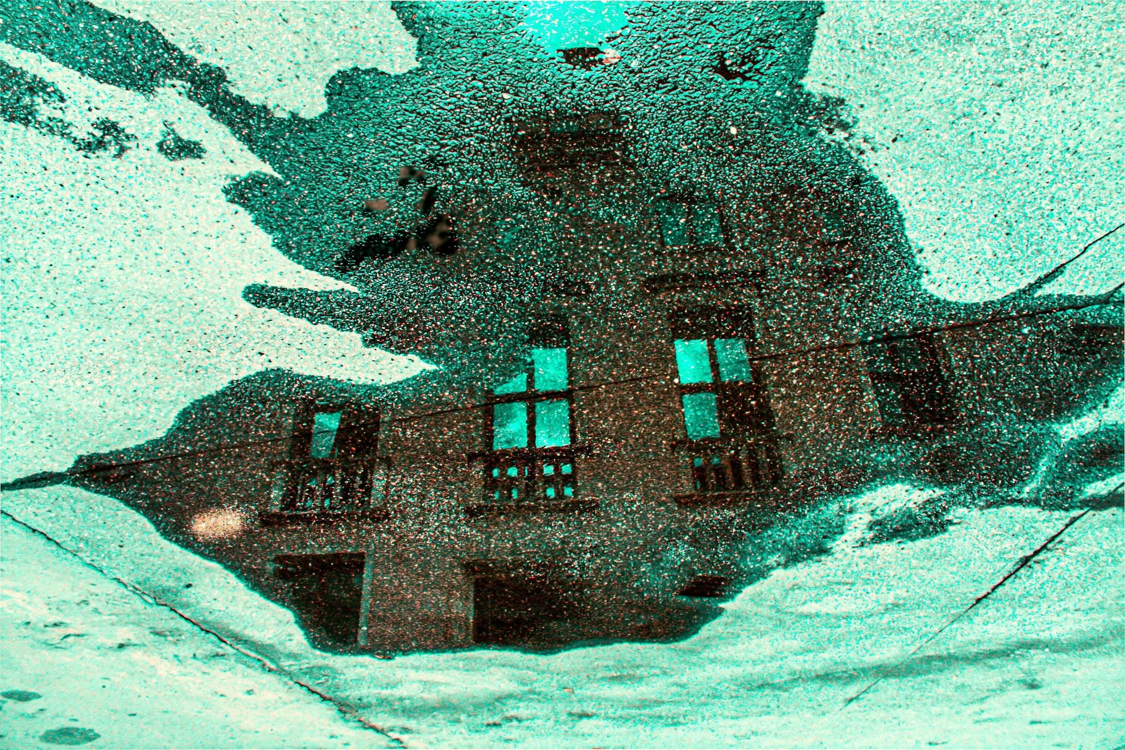 Colored graffiti of a woman's face with sunglasses on a textured wall near a house with white window frames and a roof with shingles.
