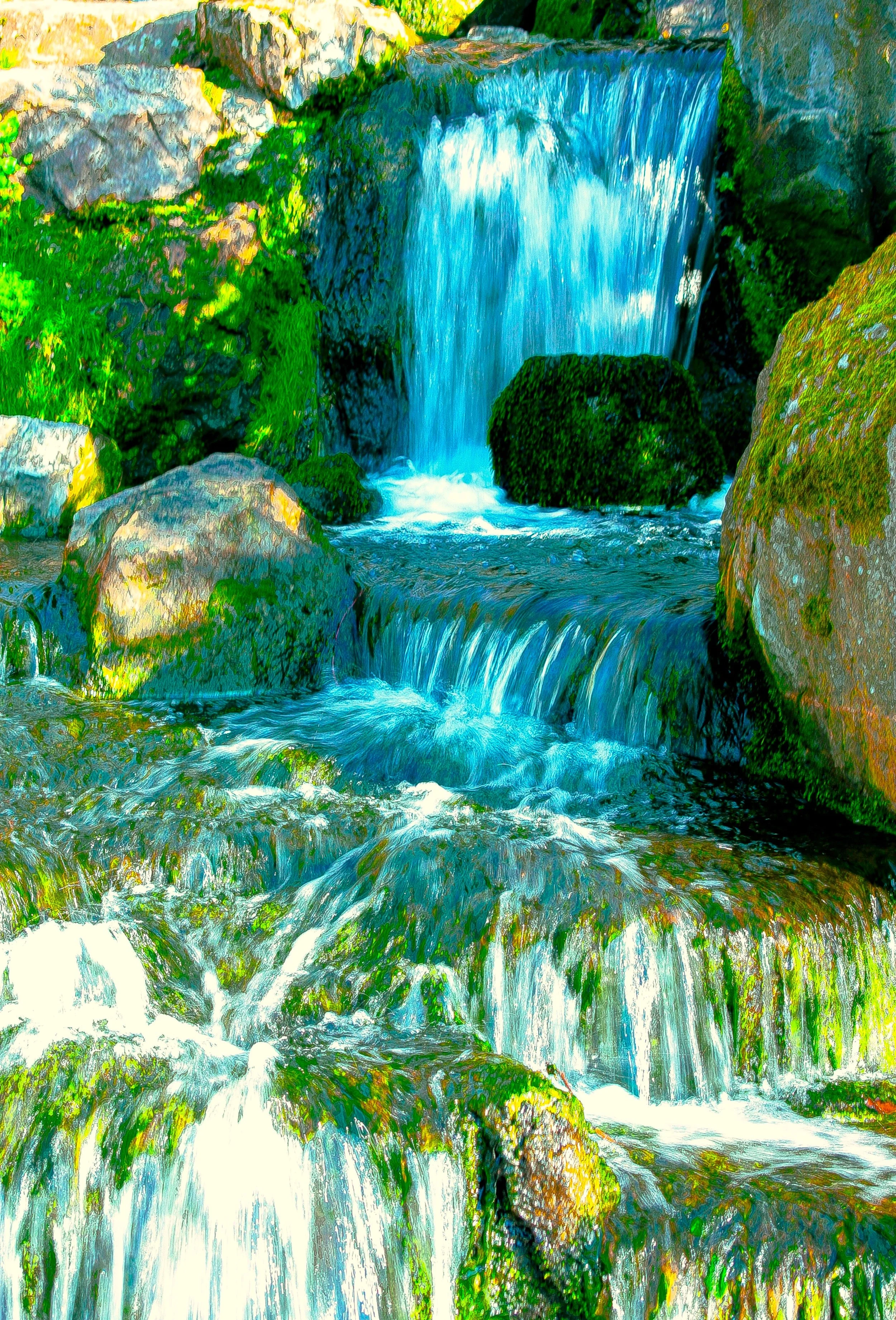 A digital painting of a small scenic waterfall cascading over rocks with lush green vegetation surrounding it.