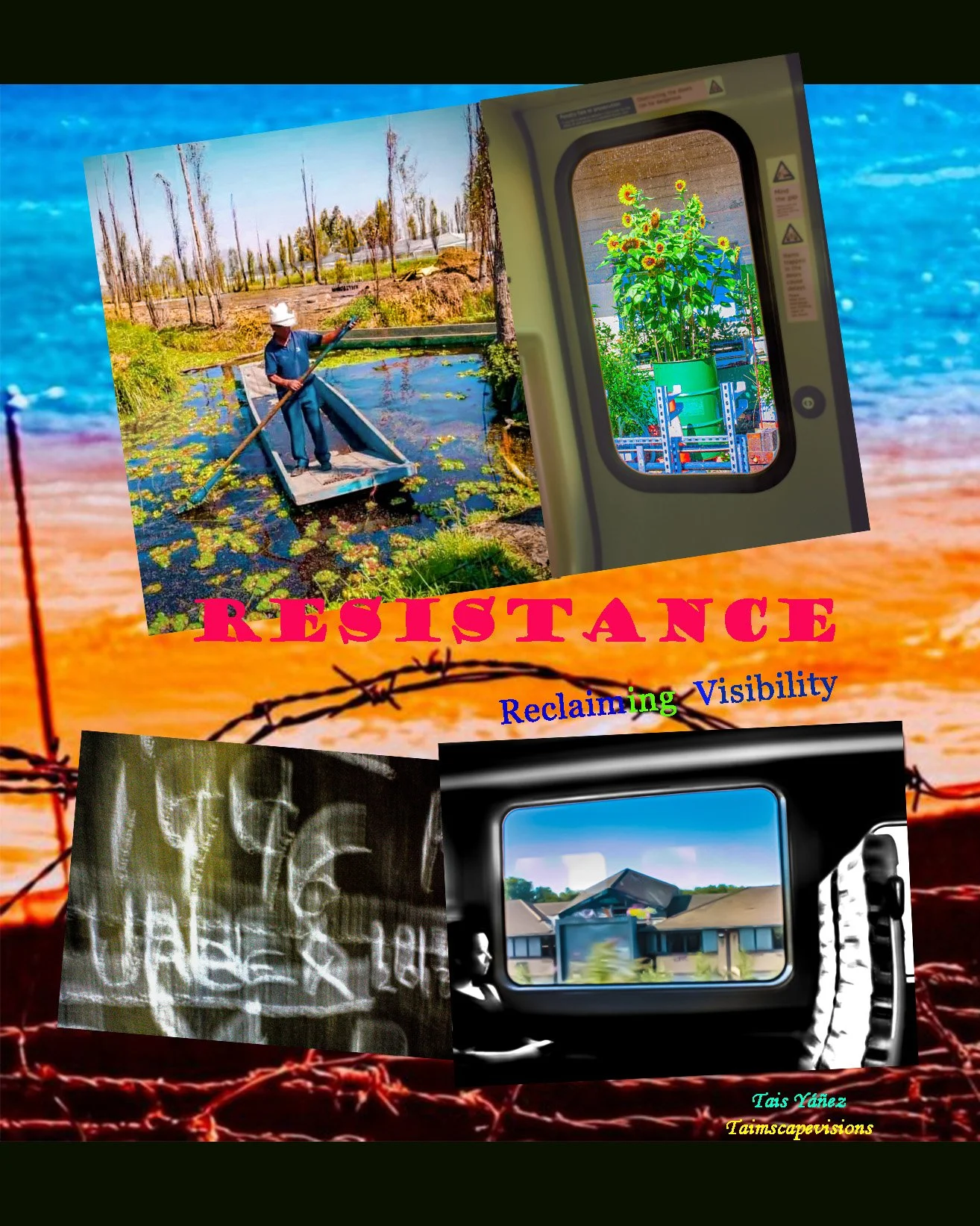 Collage emphasizing resistance, featuring a man in a boat in a marsh, a potted sunflower plant, a graffiti message on a wall, a house viewed through a phone camera, and barbed wire, with the words 'RESISTANCE' and phrases like 'Reclaiming Visibility' and 'Tais Yanez'.