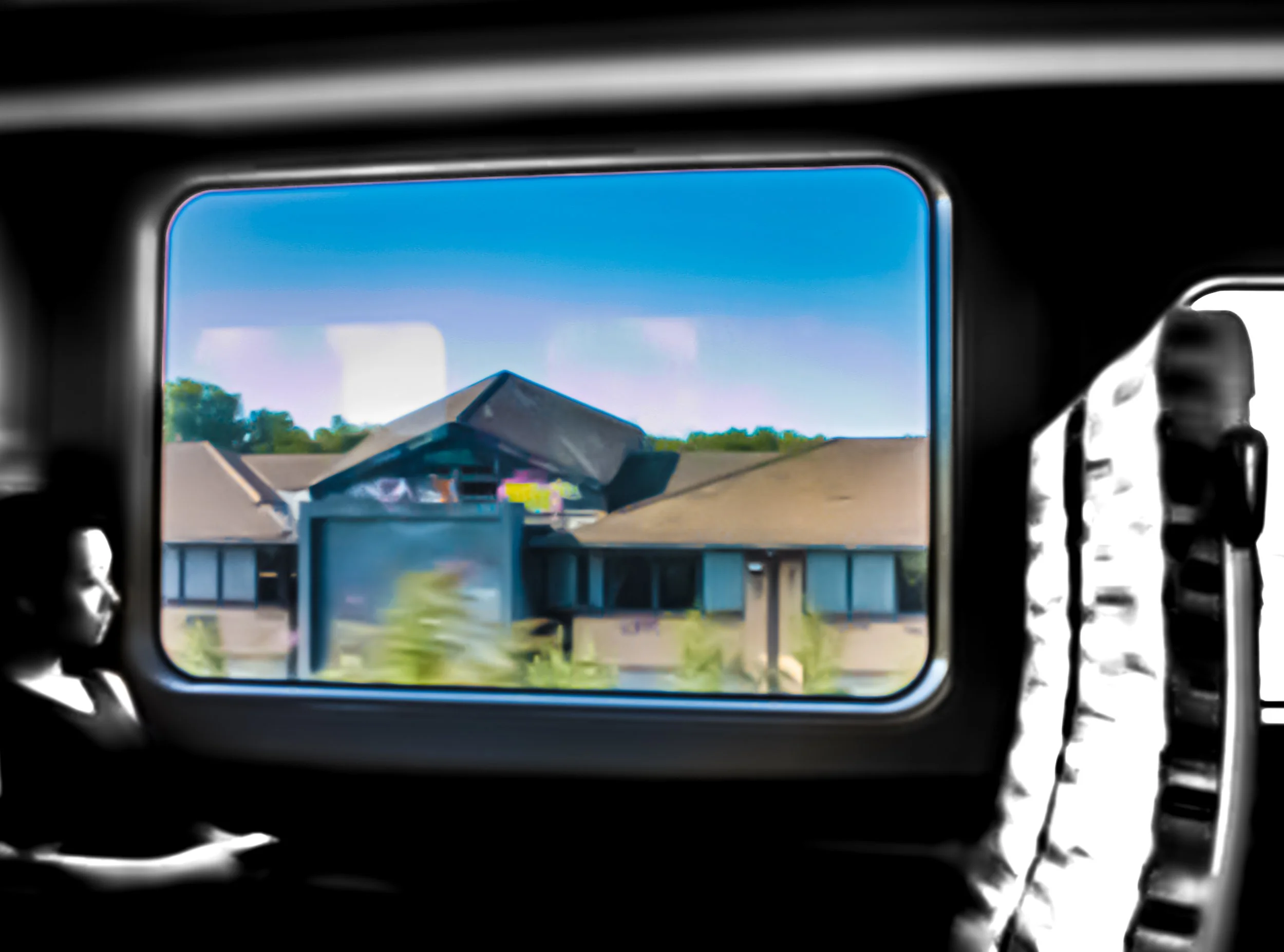 View through a vehicle's rearview mirror showing a blue sky, some trees, and buildings in the background.