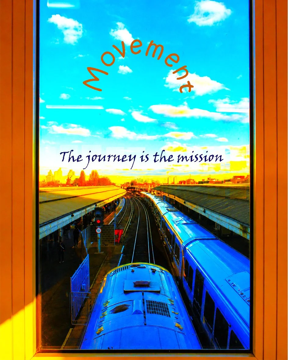 A train station platform viewed from a window, with trains on the tracks and a bright townscape in the background under a sky with scattered clouds. Overlaid text reads 'Movement' in curved letters at the top and 'The journey is the mission' in smaller font.