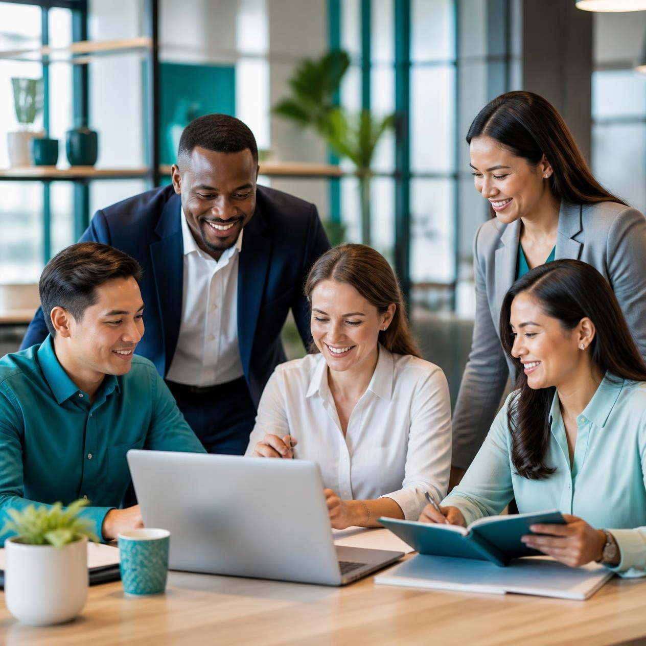 Group of five diverse business professionals gathered around a laptop in a modern office, smiling and discussing a project.