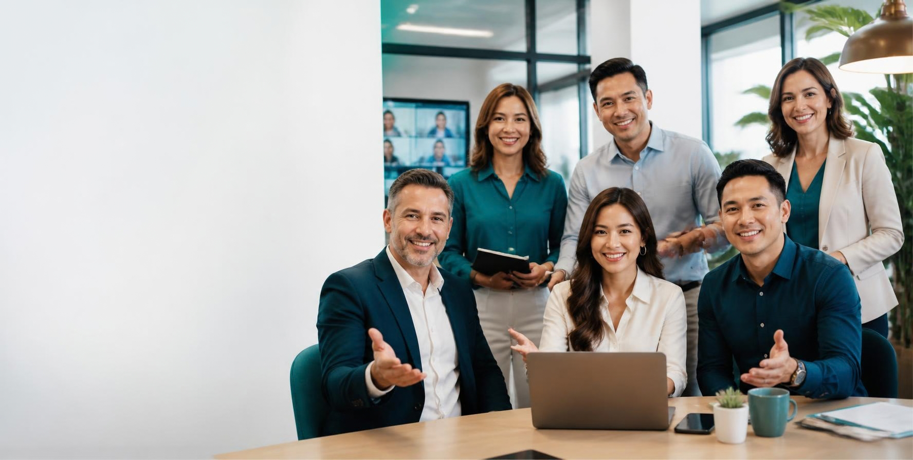 Group of six diverse professionals in a modern office, smiling and posing for a photo around a laptop on a desk, with a large window and greenery in the background.