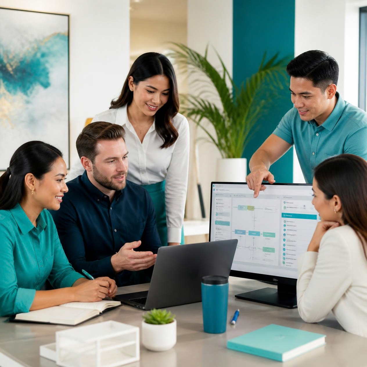 Group of five diverse business professionals collaborating around a computer and monitor during a meeting in an office.
