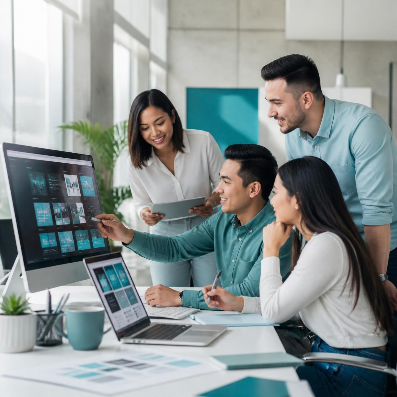 Group of five diverse professionals working together in an office, looking at a computer screen, discussing a presentation or project.