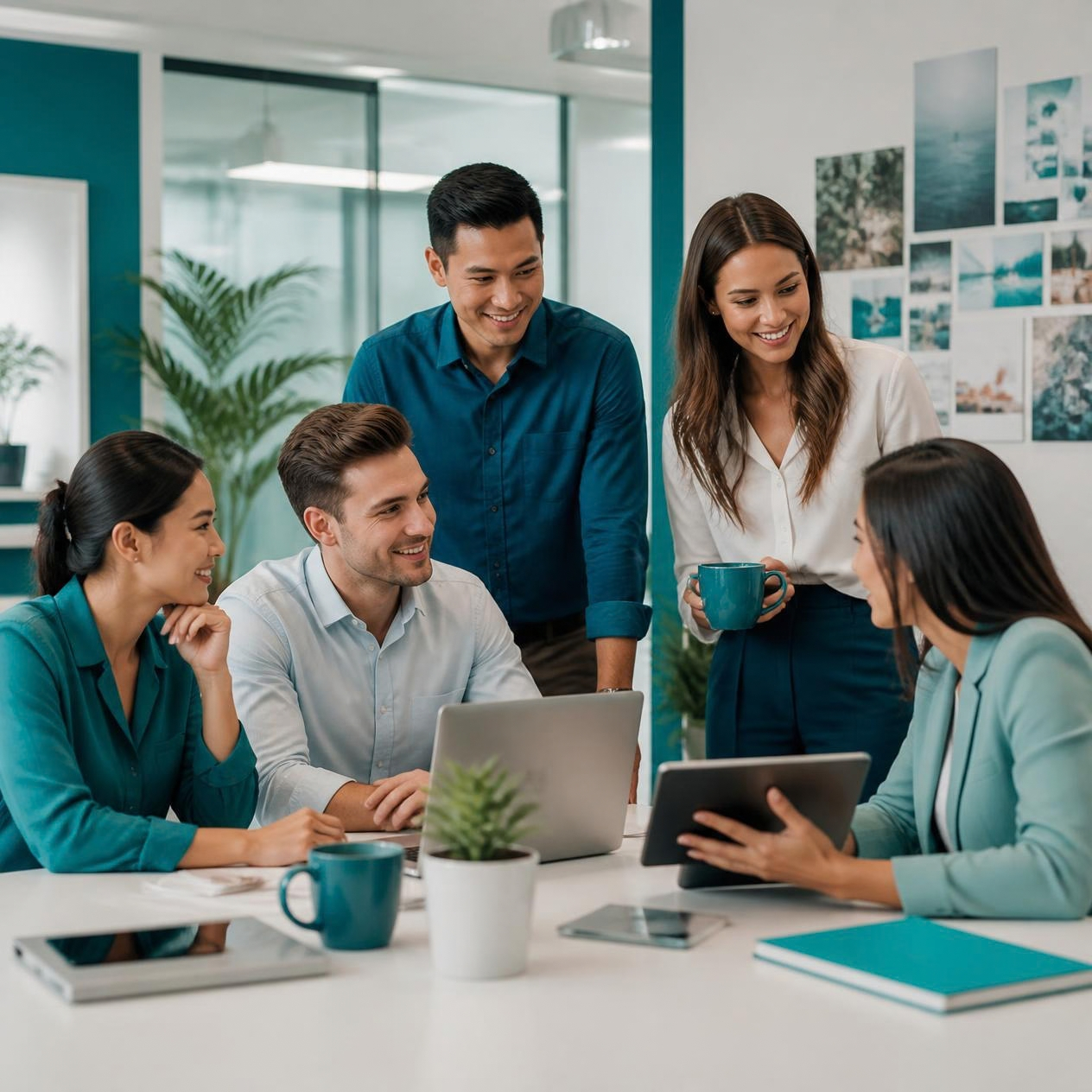 A diverse group of five colleagues gathered around a table in a modern office, smiling and looking at a laptop and tablet, with coffee mugs and a small potted plant on the table.