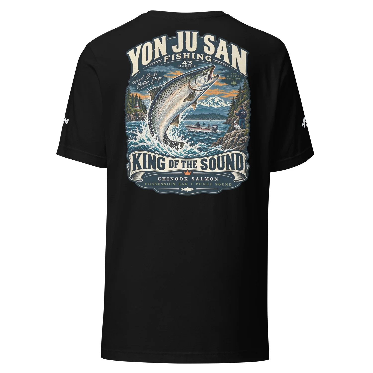 King of the Sound Chinook Salmon Tee — black tee, back artwork