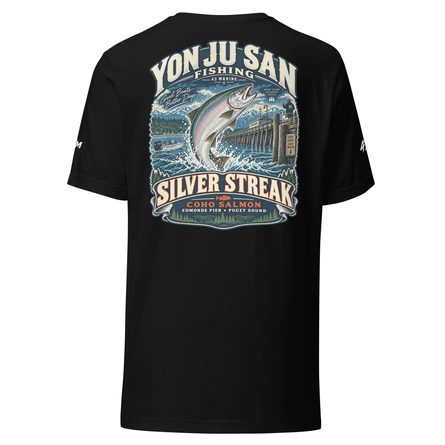 Silver Streak Coho Salmon Tee — black tee, back artwork