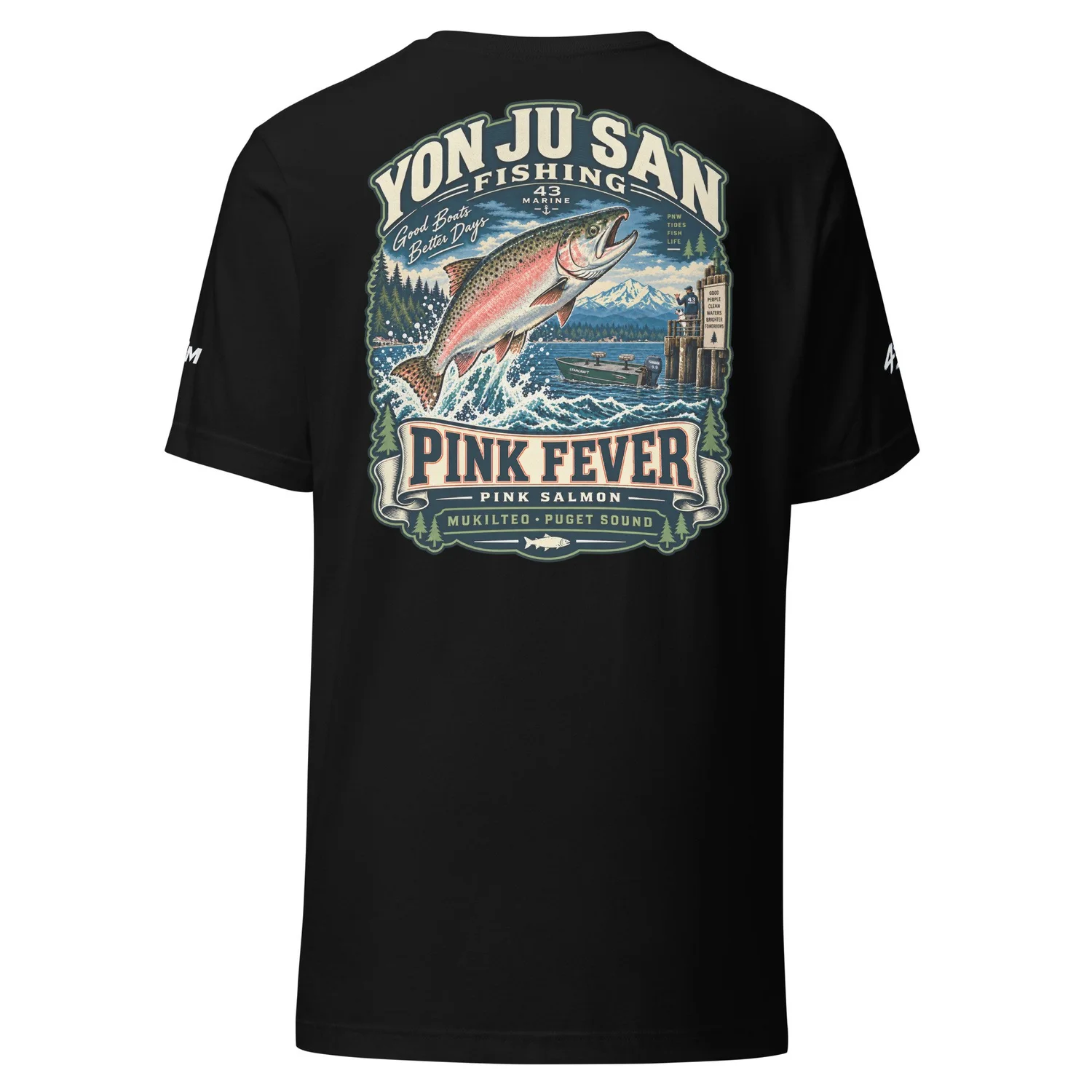 Pink Fever Pink Salmon Tee — black tee, back artwork