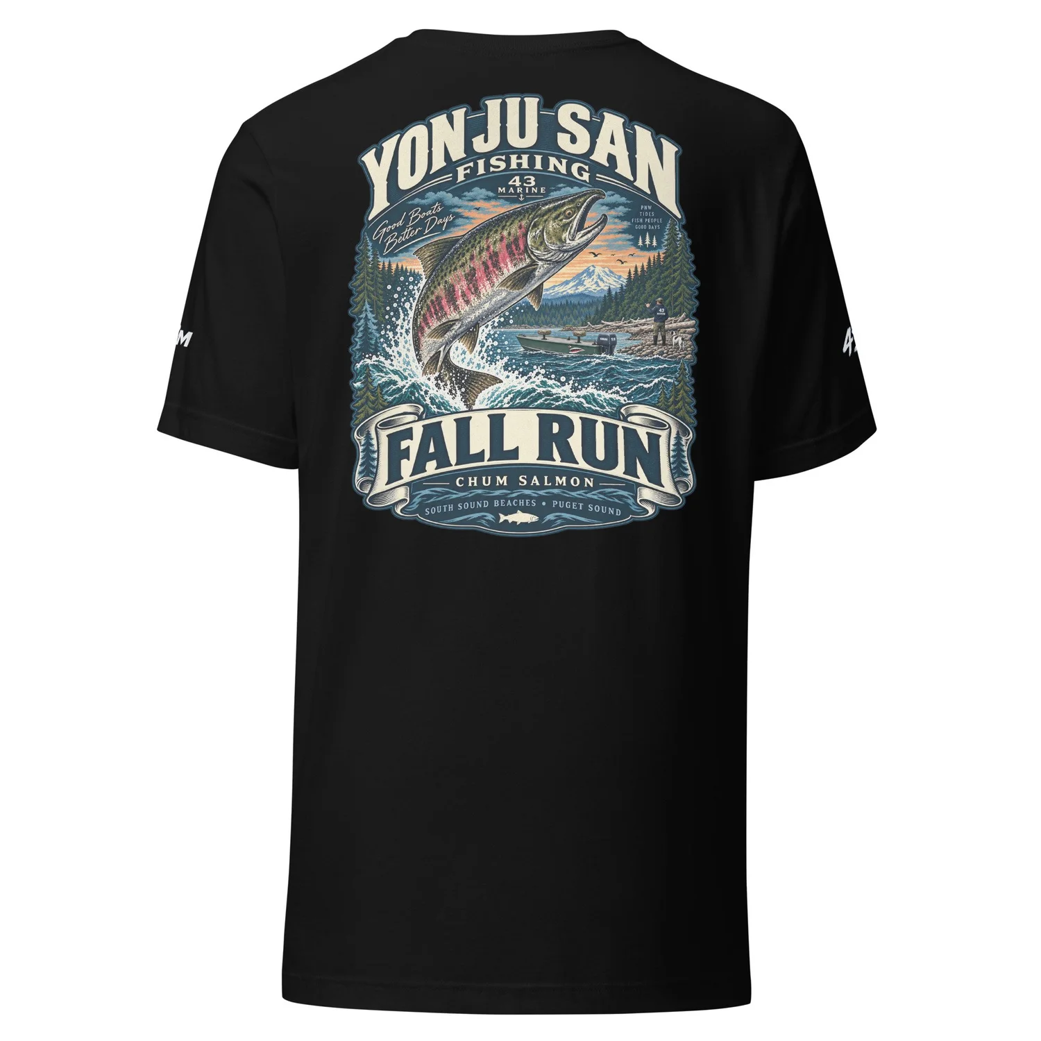 Fall Run Chum Salmon Tee — black tee, back artwork